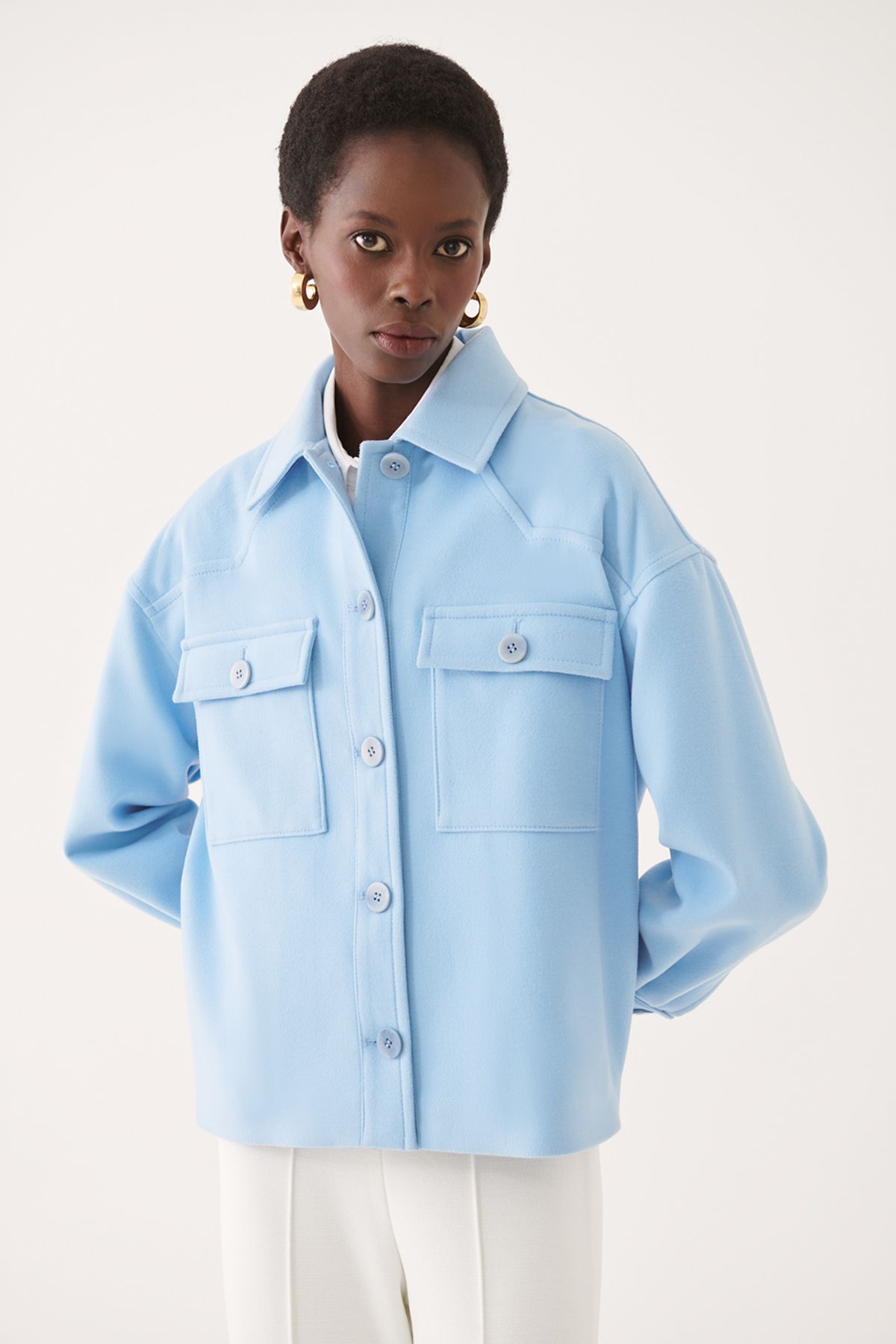 Perspective Anton Rahat Kalıp Gömlek Yaka Standart Boy Mavi Renk Kadın Ceket