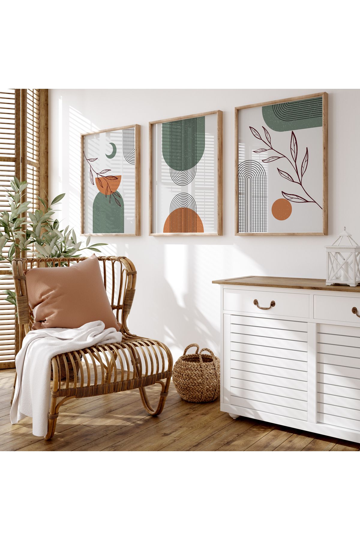 Softline Boho Style Modern İskandinav Tarzı Ay ve yaprak desenli Çerçevesiz 3'lü Kanvas Tablo Seti WD18