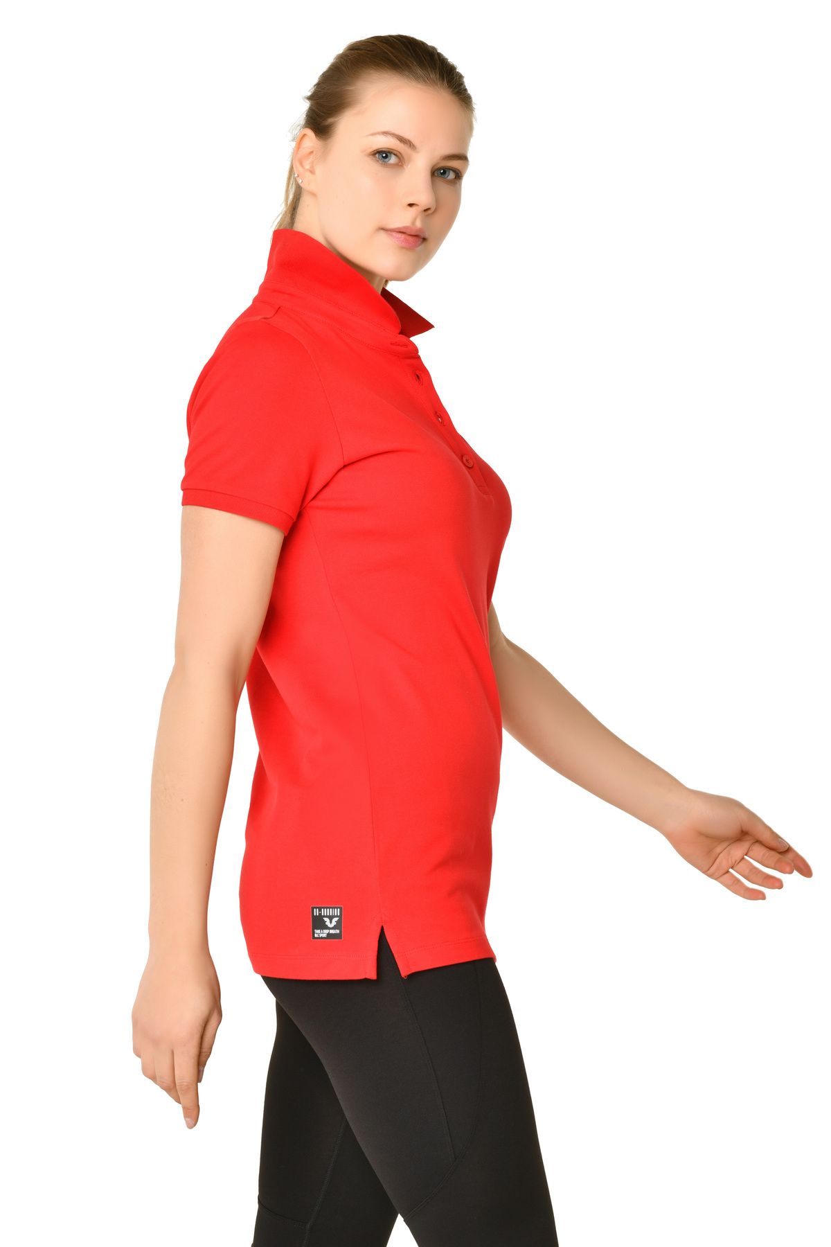 bilcee Kadın Kırmızı Pamuklu Polo Yaka Basic Düz Renk Kısa Kollu Günlük Ve Spor Tişört 8719