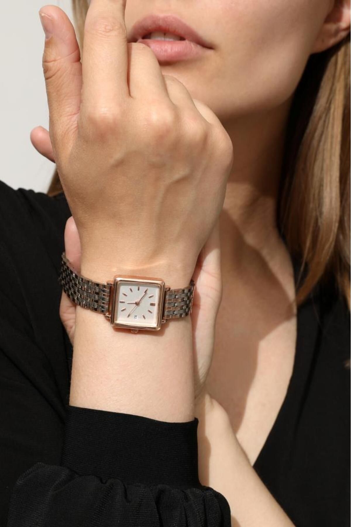 OQQO Minimal Kare Rose Kasa Rose Gümüş Kordon Kadın Kol Saati