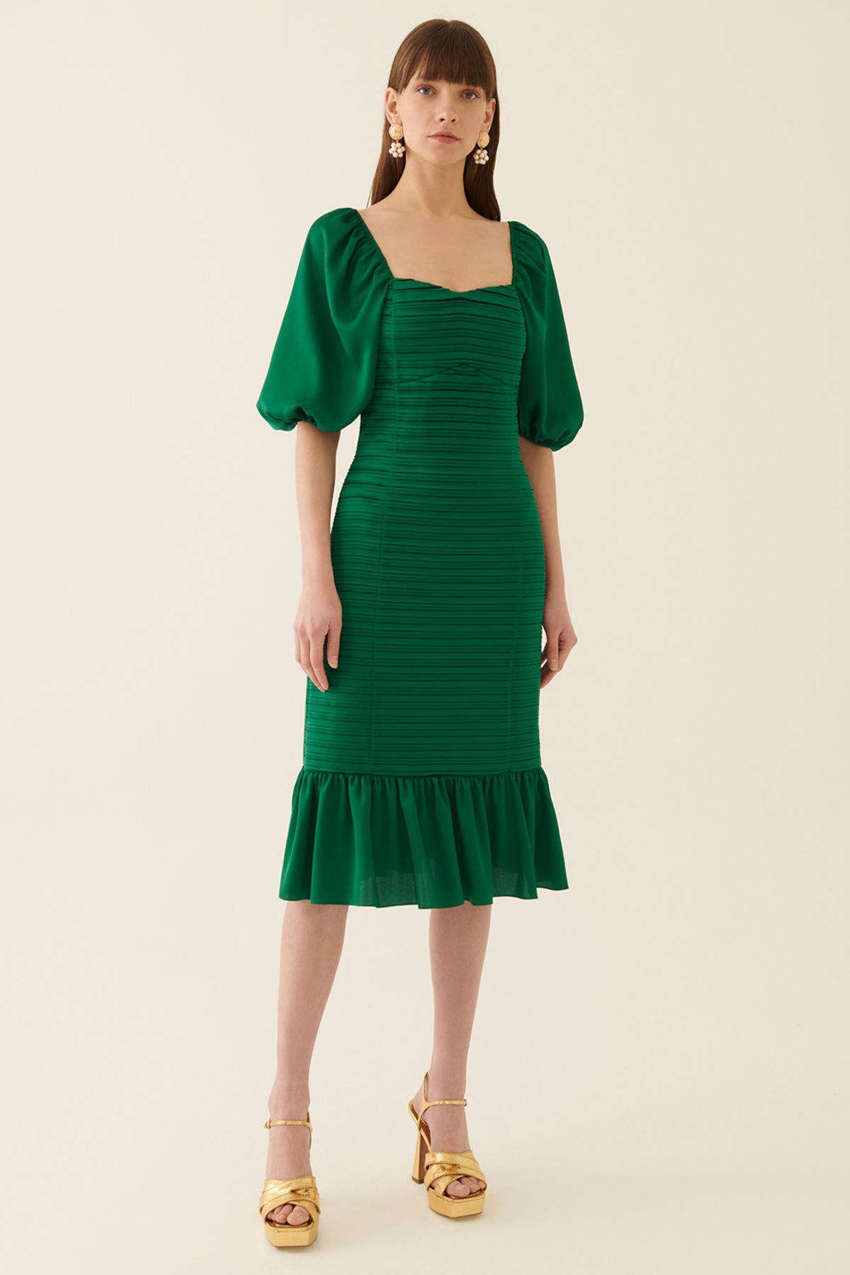 Perspective Derian Zümrüt Yeşili Renk Drapeli Fırfır Detaylı Kadın Elbise