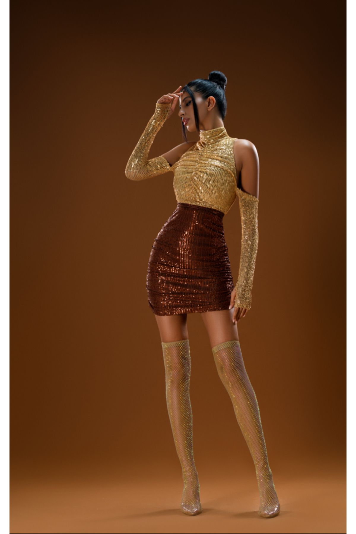 Gira official Kahve Gold Payetli 2 Renkli Mini Elbise