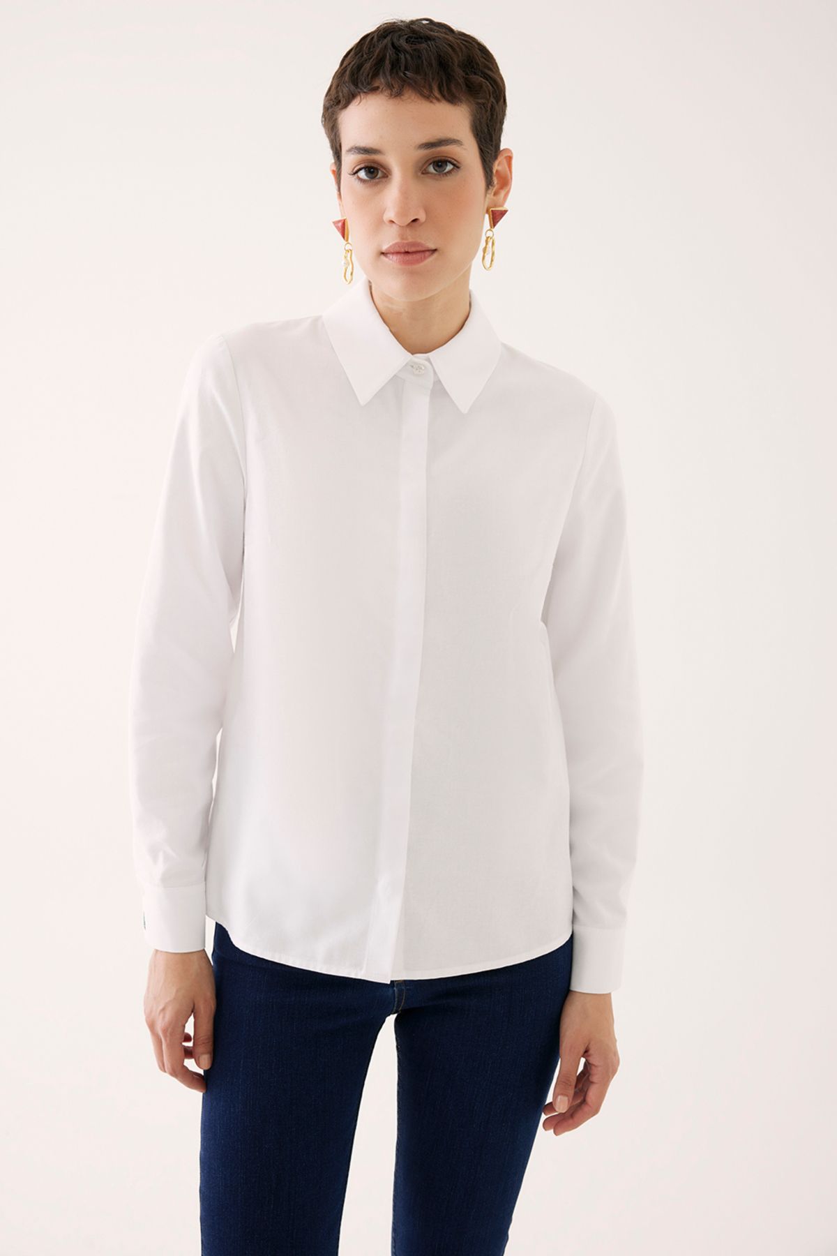 Perspective Kaisa Slim Fit Standart Boy Takma Kol Gömlek Yaka Beyaz Renk Kadın Gömlek