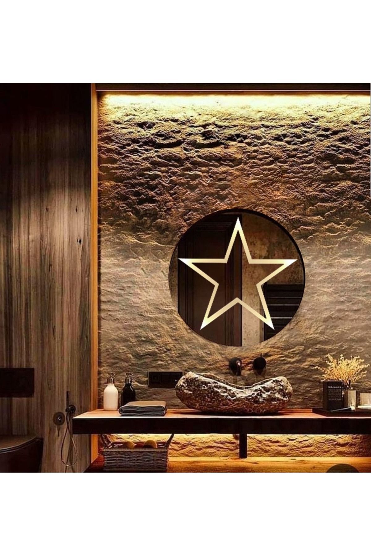 HGMpazar 60*60 Yuvarlak Yıldız Desenli Led'li Banyo & Lavabo Aynası, Dekoratif Ayna, Story Aynası