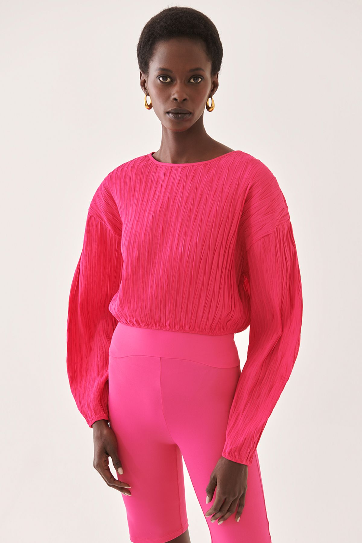 Perspective Alpinas Rahat Kalıp Kayık Yaka Fuşya Renk Kadın Crop Bluz
