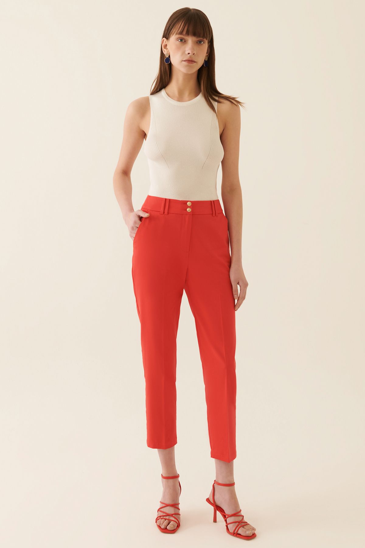 Perspective Elinsa Regular Fit Bilek Boy Orta Bel Kırmızı Renk Kadın Pantolon