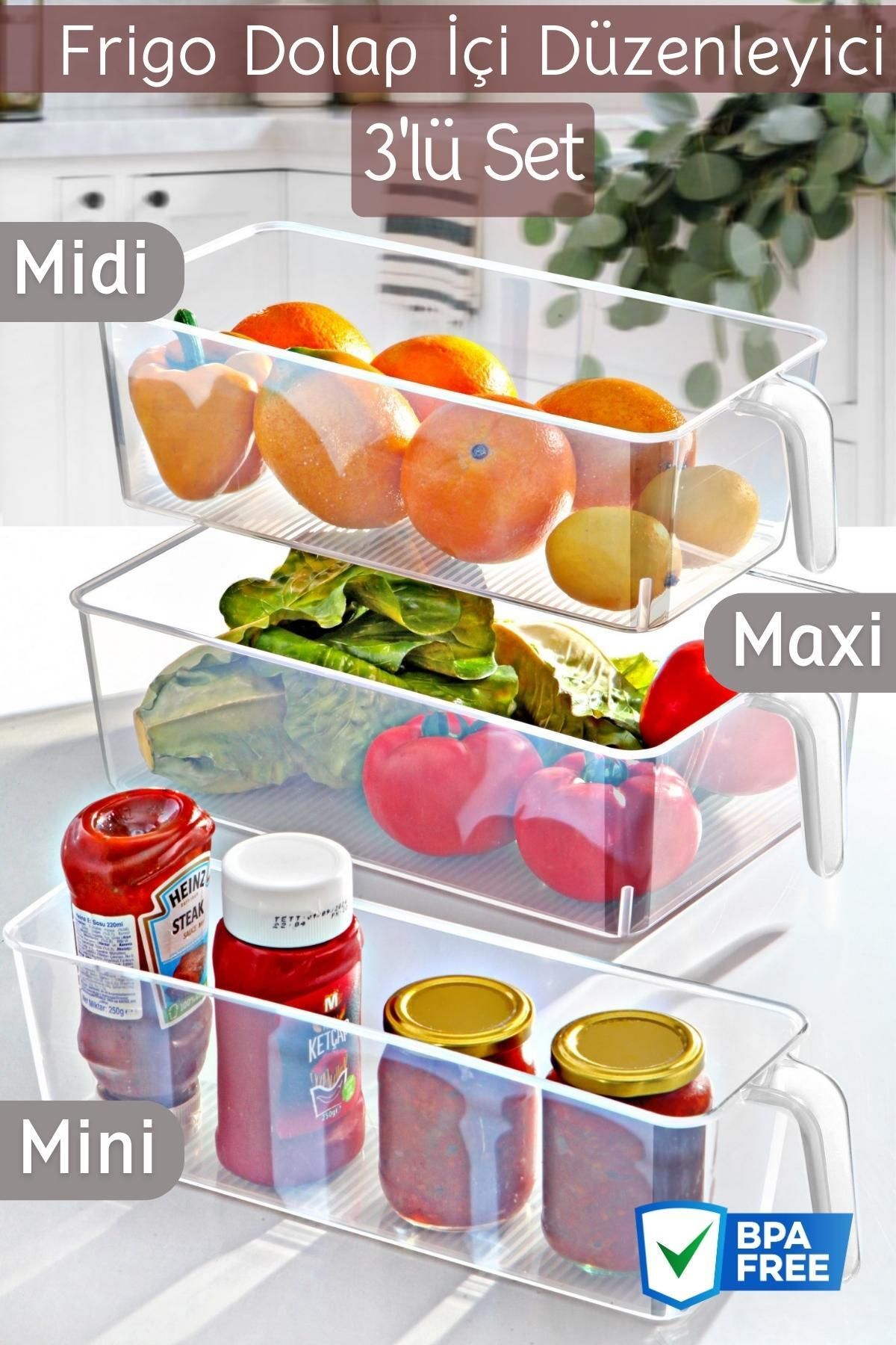 Nandy Home 3'Lü Set Frigo Kulplu Buzdolabı & Dolap Içi Düzenleyici Organizer Maxi/Midi/Mini