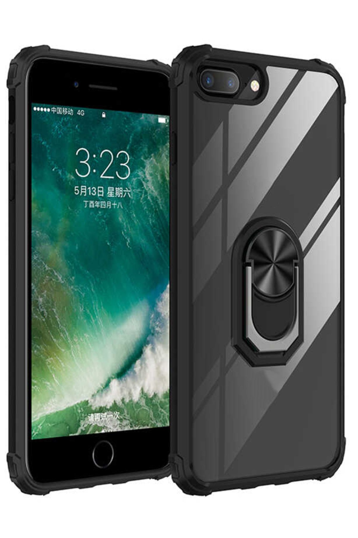 Moraksesuar Iphone 7 Plus Uyumlu Kılıf Yüzüklü Standlı Zırh Silikon Şeffaf Siyah