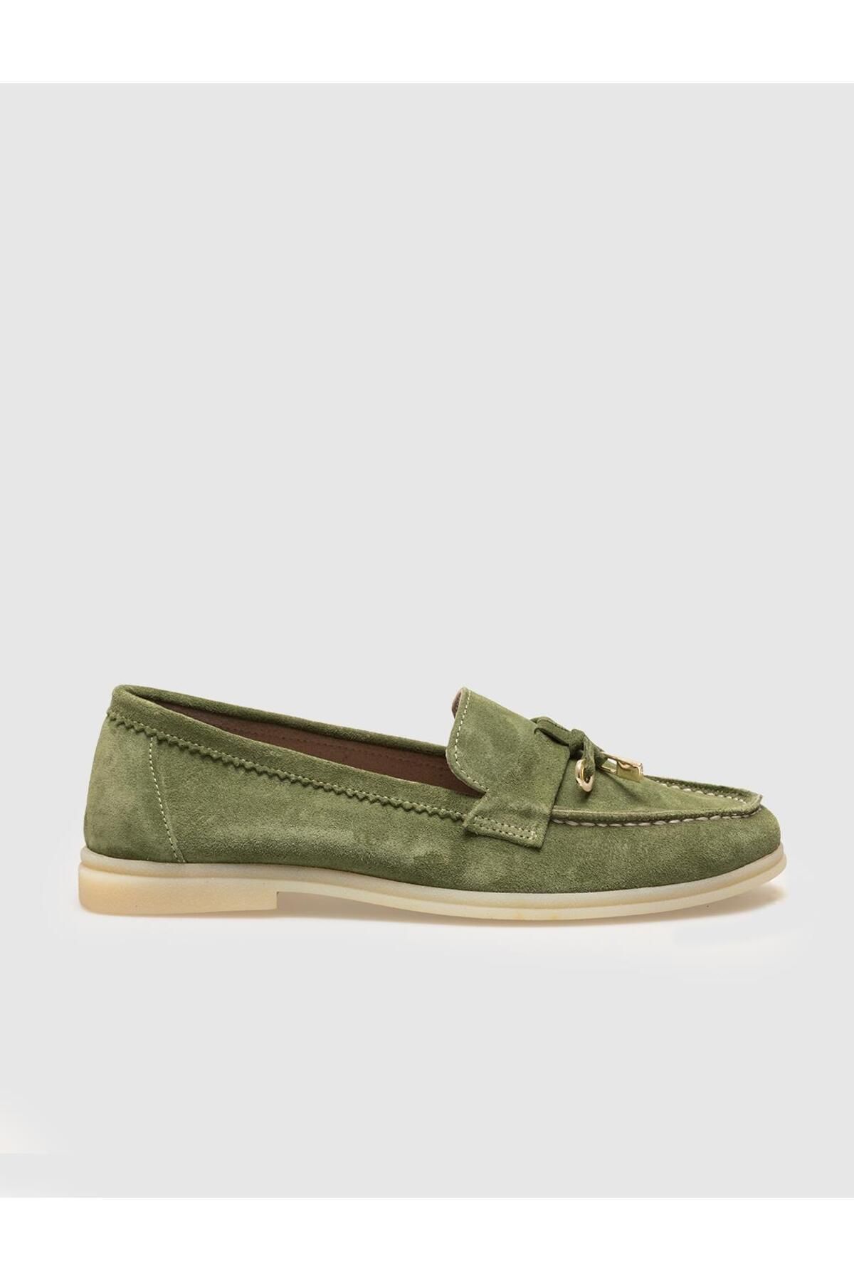 Cabani Hakiki Deri Yeşil Süet Püskül Detaylı Kadın Günlük Ayakkabı