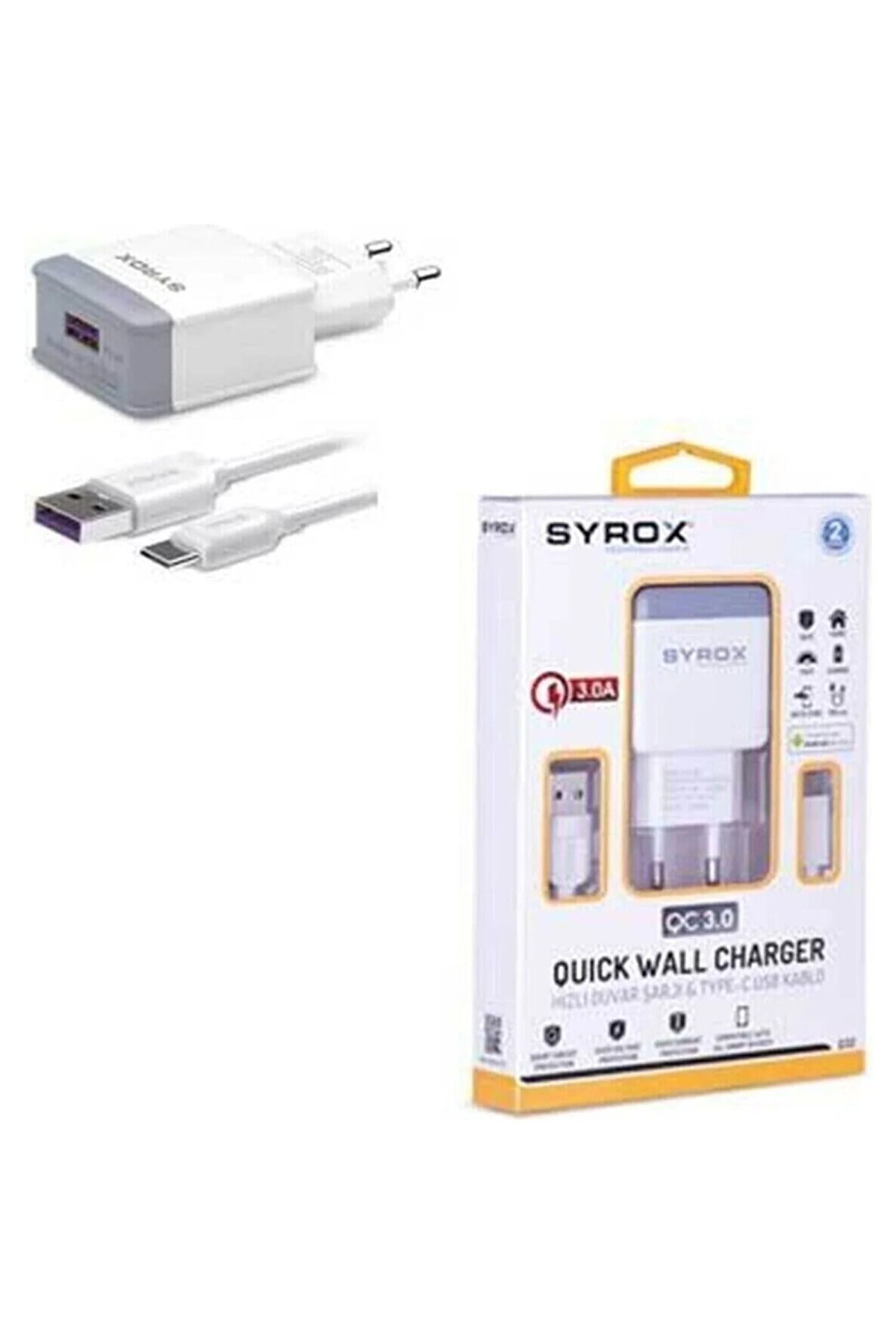 Syrox HAUE_TCL 10 Pro Uyumlu Type-C Girişli Hızlı Şarj Cihazı Seti Adaptör+Kablo Q32 3.0 Amper