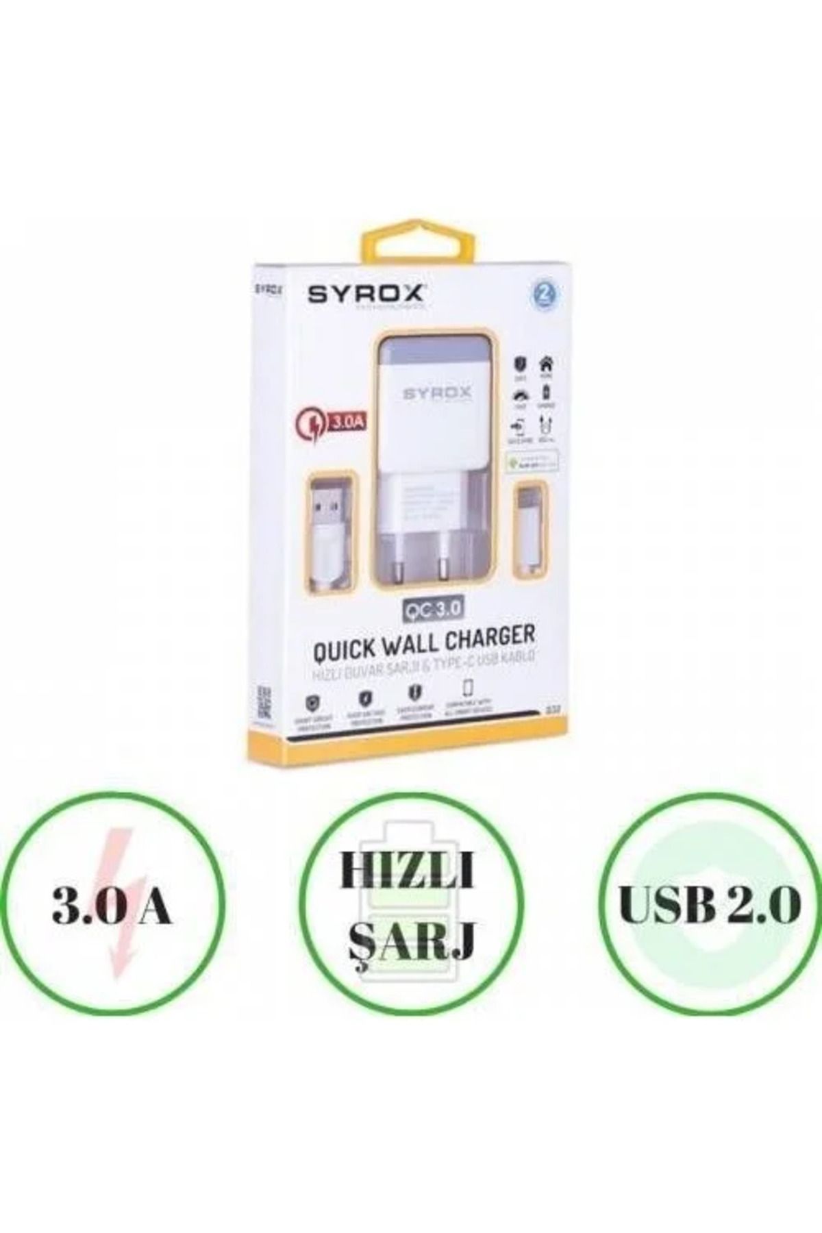 Syrox HAUE_Trident A24 Uyumlu Type-C Girişli Hızlı Şarj Cihazı Seti Adaptör+Kablo Q32 3.0 Amper