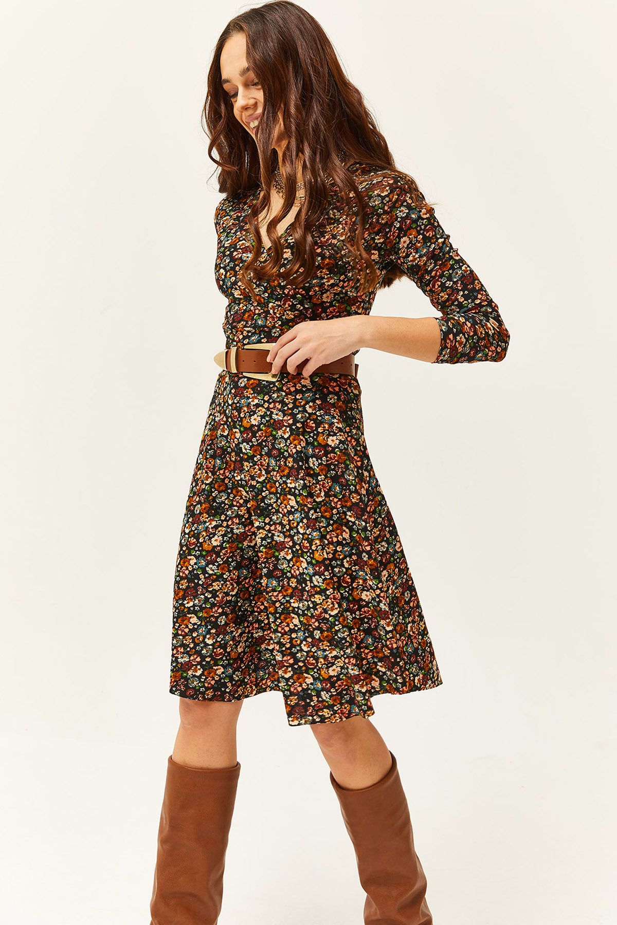 Olalook Kadın Multi Renkli Çiçekli Kruvaze Elbise ELB-19000960