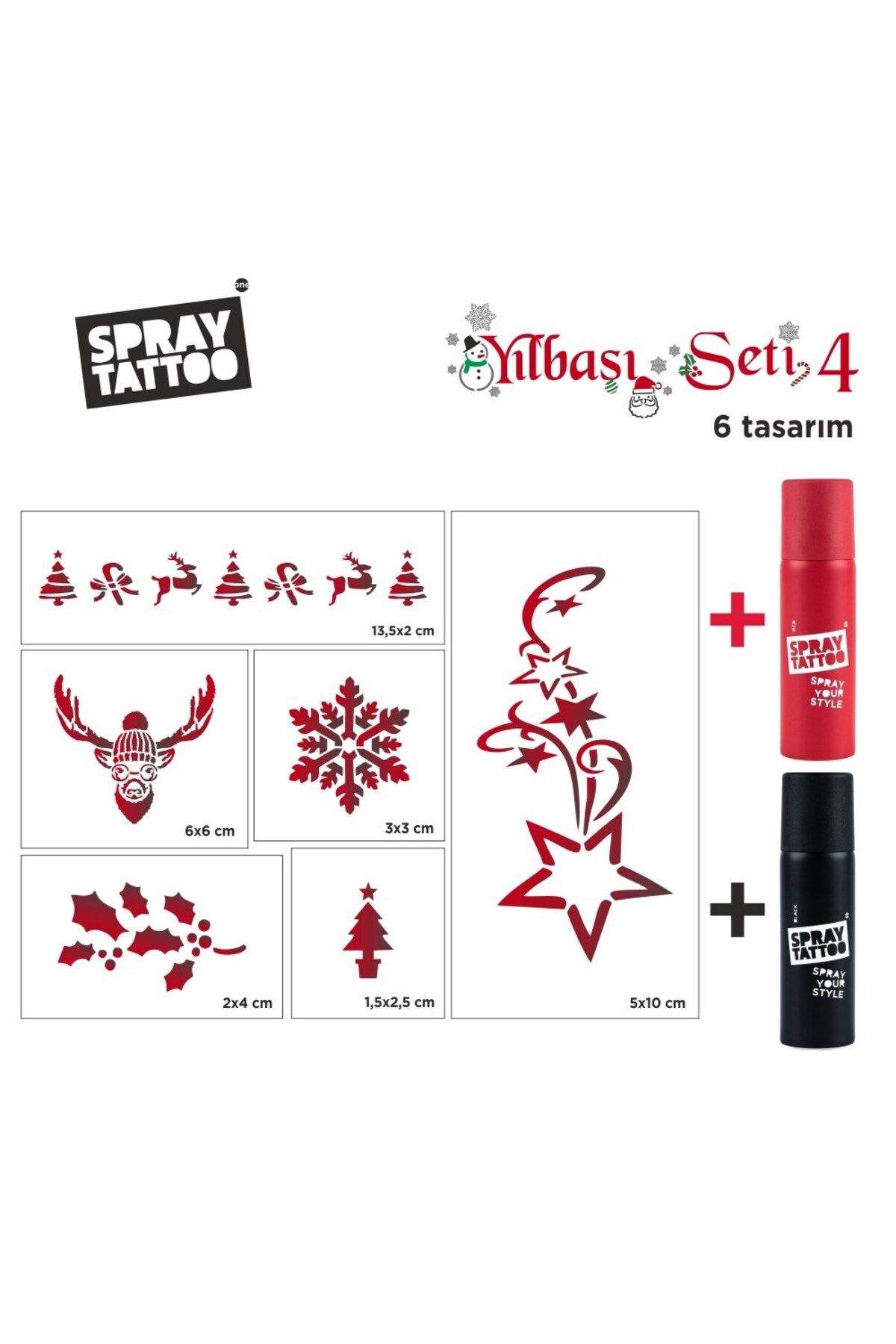 One Spray Tattoo Yeni Yıl Geçici Dövme Şablon Set 4 + Kırmızı ve Siyah Sprey