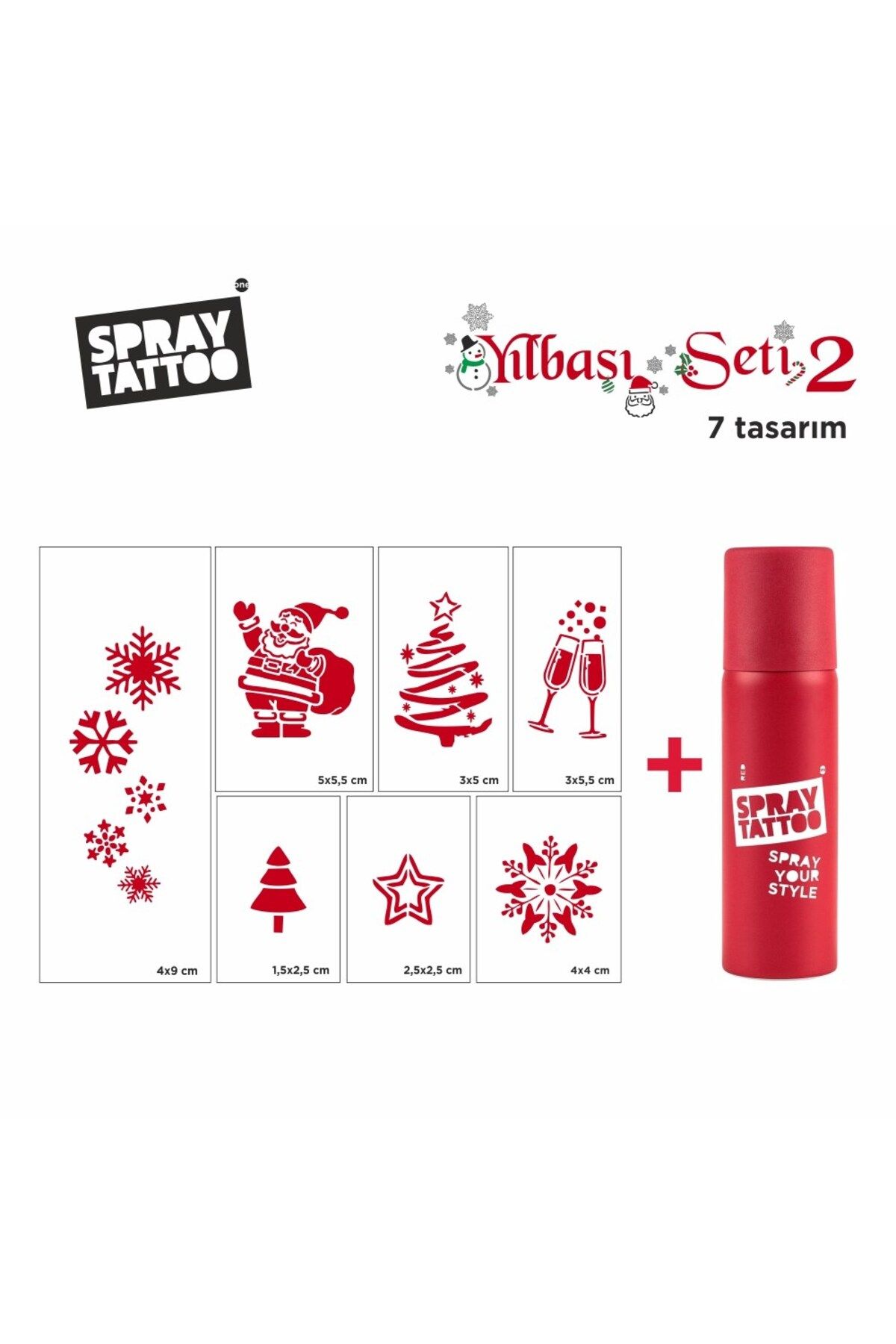One Spray Tattoo Yeni Yıl Geçici Dövme Şablon Set 2 + Kırmızı Sprey