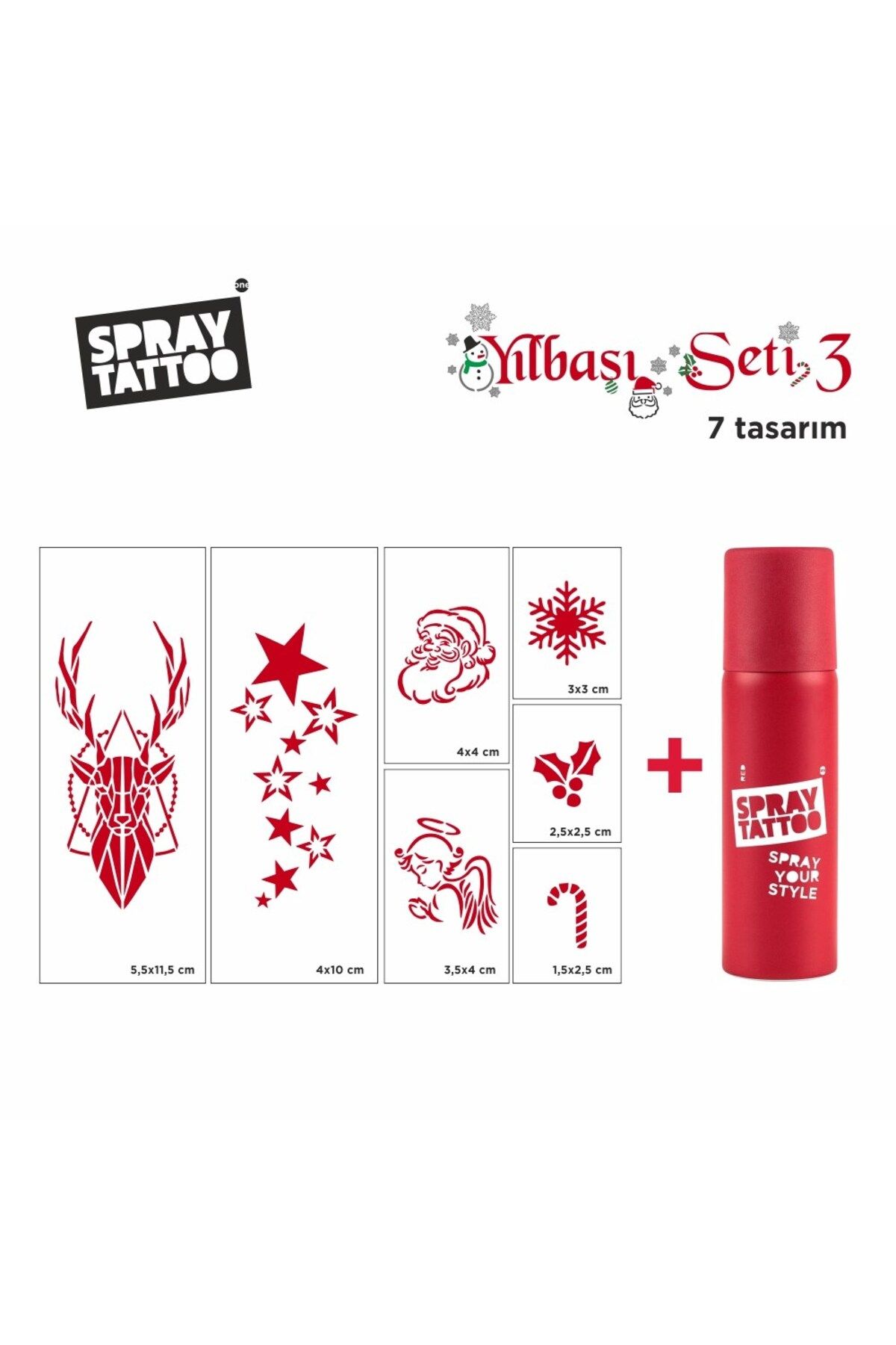 One Spray Tattoo Yeni Yıl Geçici Dövme Şablon Set 3 + Kırmızı Sprey