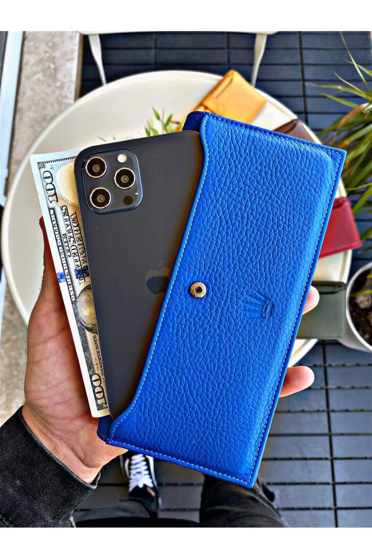 WATCHOFROYAL Hakiki Deri Cüzdan Mavi Telefon Cüzdanı 13 Kart Bölmeli Çıkarılabilir Kartlık Ve Portföy Çanta Empir