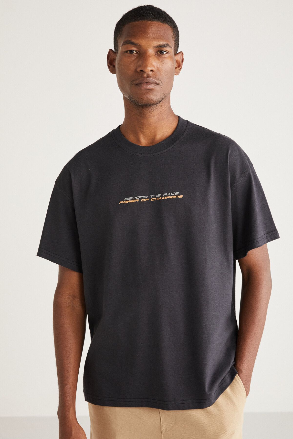 GRIMELANGE Alejandro Erkek Oversize Fit Önü Baskılı %100 Pamuk Antrasit T-shirt