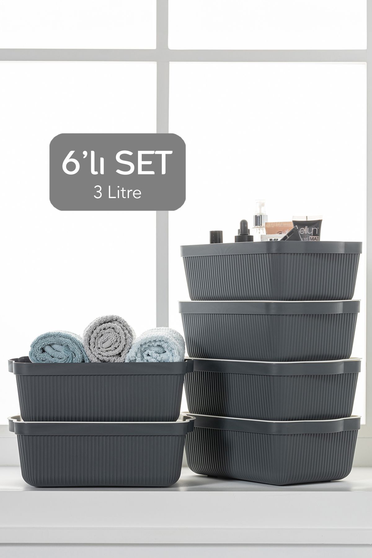 Meleni Home 6'lı Set - Solid Box Raf Organizer - Dolap İçi Düzenleyici Saklama Kutusu -3Lt Saklama Kabı Antrasit