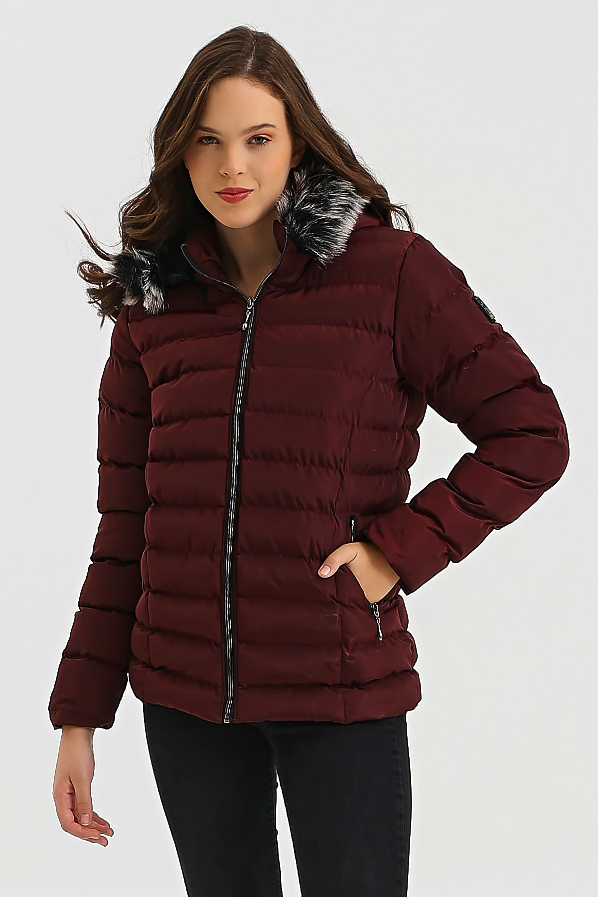 S&V TEKSTİL Kadın Bordo Kısa Mont Kaban Parke