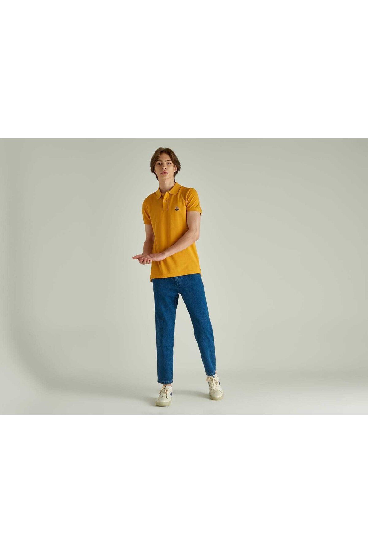 United Colors of Benetton Erkek Koyu Sarı Slim Fit Kısa Kollu Polo Tshirt