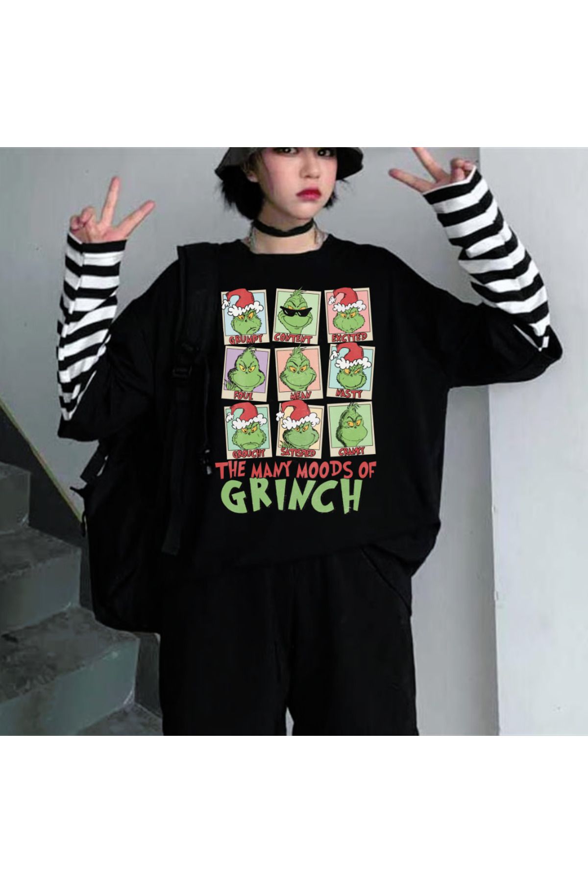 Touz Grinch Noel Christmas Baskılı Fake Sleeves Unisex Siyah T-shirt