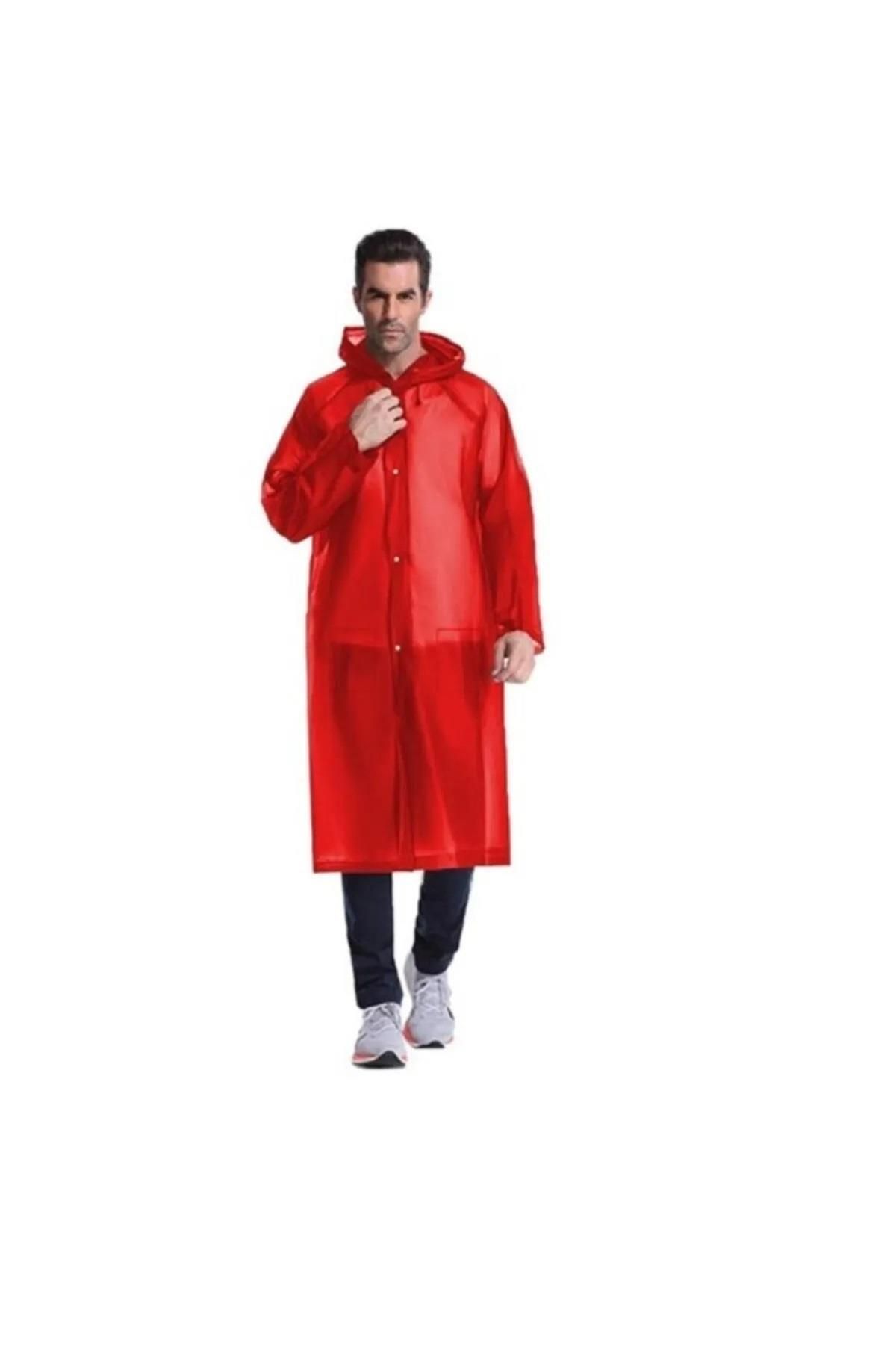 BUTICOR Unisex Kırmızı Yağmurluk Şeffaf Su Geçirmez Kıyafet Üstü Eva Kumaş Marlux Yağmur