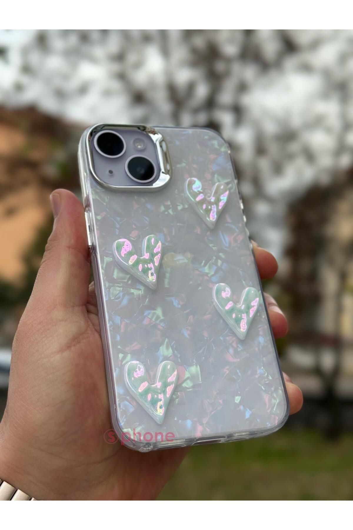 Sphone iPhone 15 Kılıf Hologramlı Renkli Kalp Kurdele 3D Kabartmalı Ayıcık Kabartmalı Emoji Kristal Şeffaf