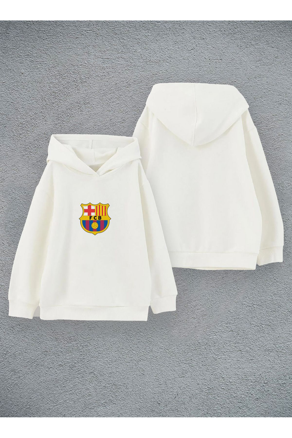 Darkia FC Barcelona Futbol Takımı Özel Tasarım Baskılı Ekru Çocuk Kapşonlu Sweatshirt Hoodie