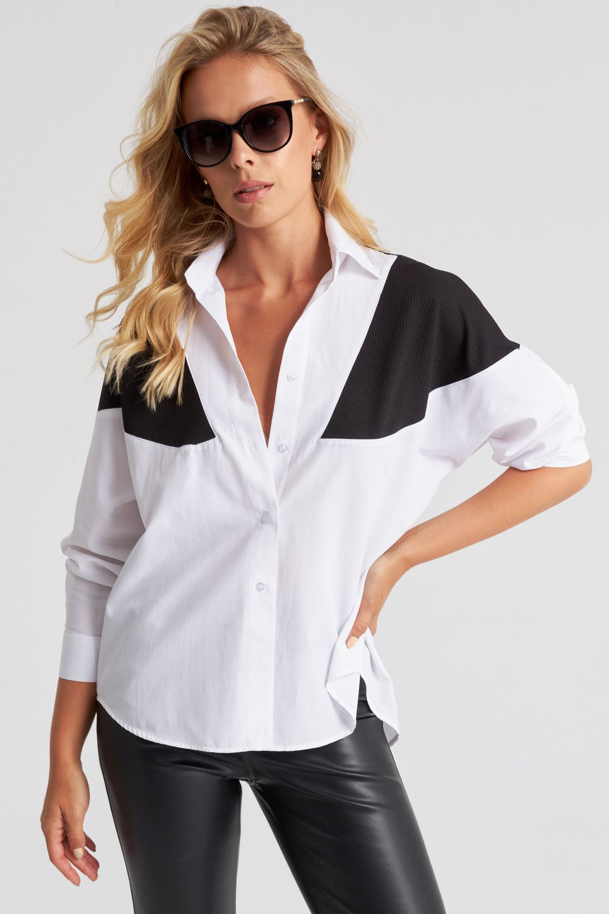 Cool & Sexy Kadın Beyaz Bloklu Gömlek ROT1005