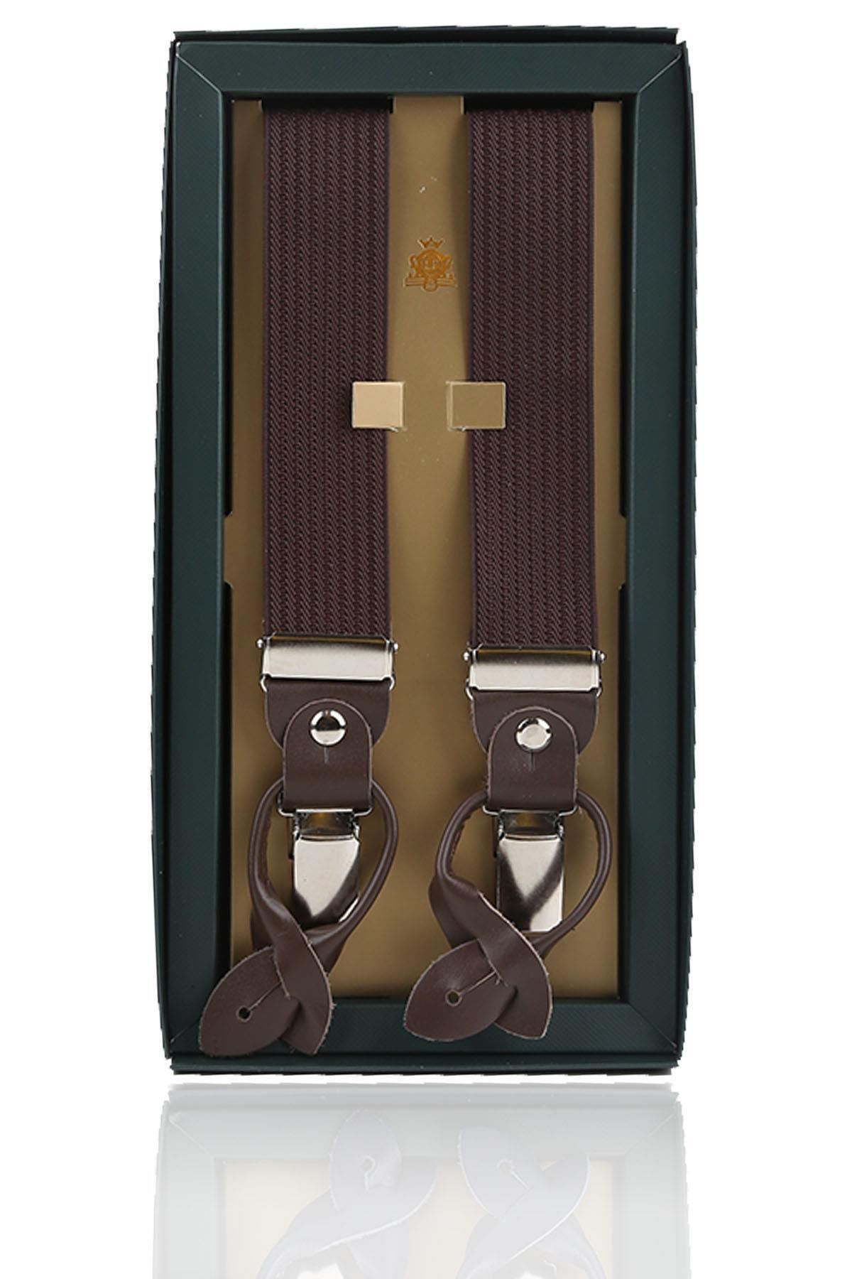 Kravatkolik Kahverengi Deri Bağlantılı Düğme Delikli Jakarlı Pantolon Askısı PAN168