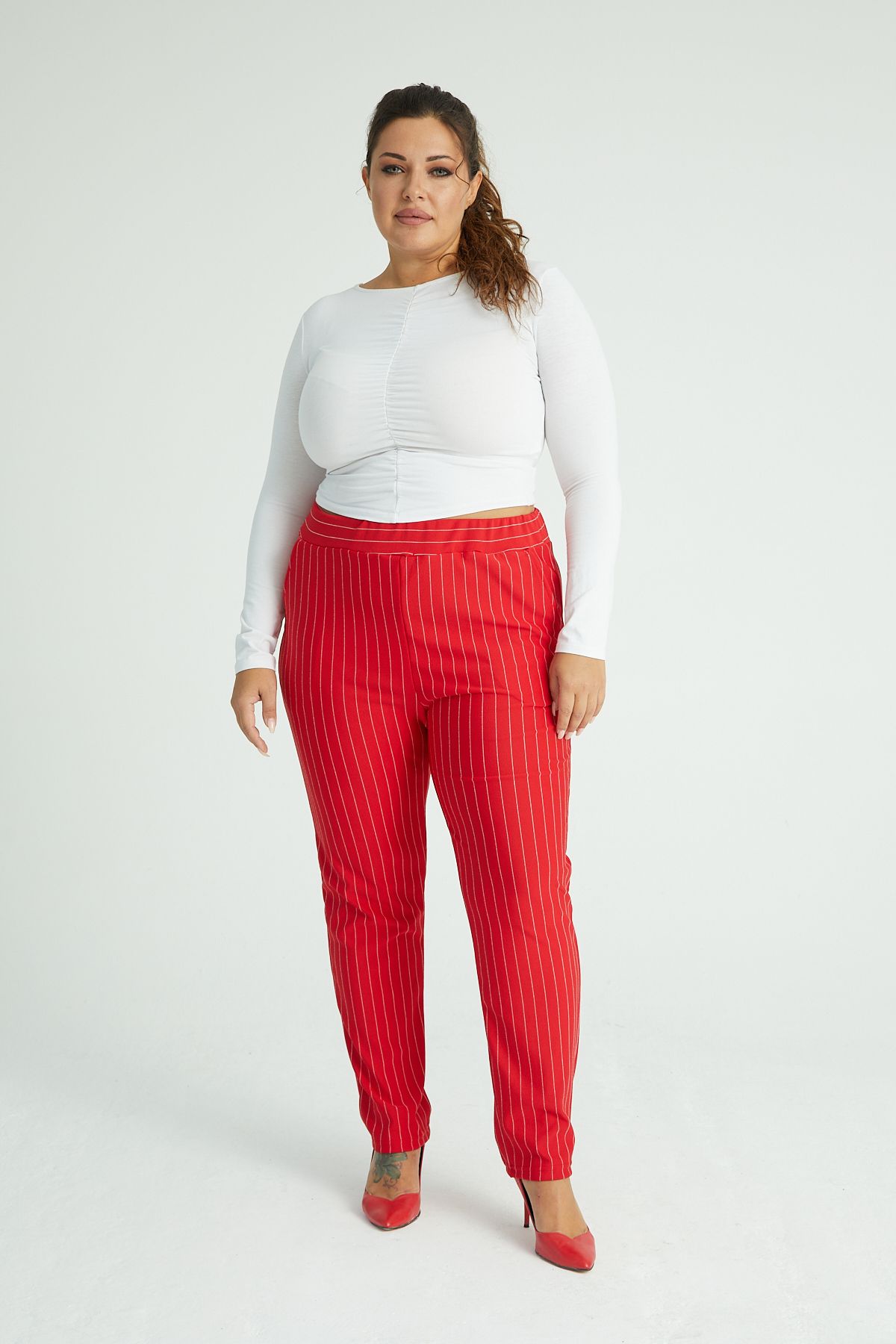 Mooi XXL Kadın Kırmızı Beyaz Çizgili Esnek Krep Kumaş Pantolon