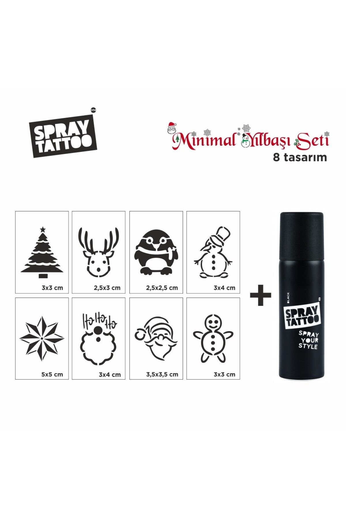 One Spray Tattoo Minimal Yılbaşı Pack Şablon + Siyah Sprey