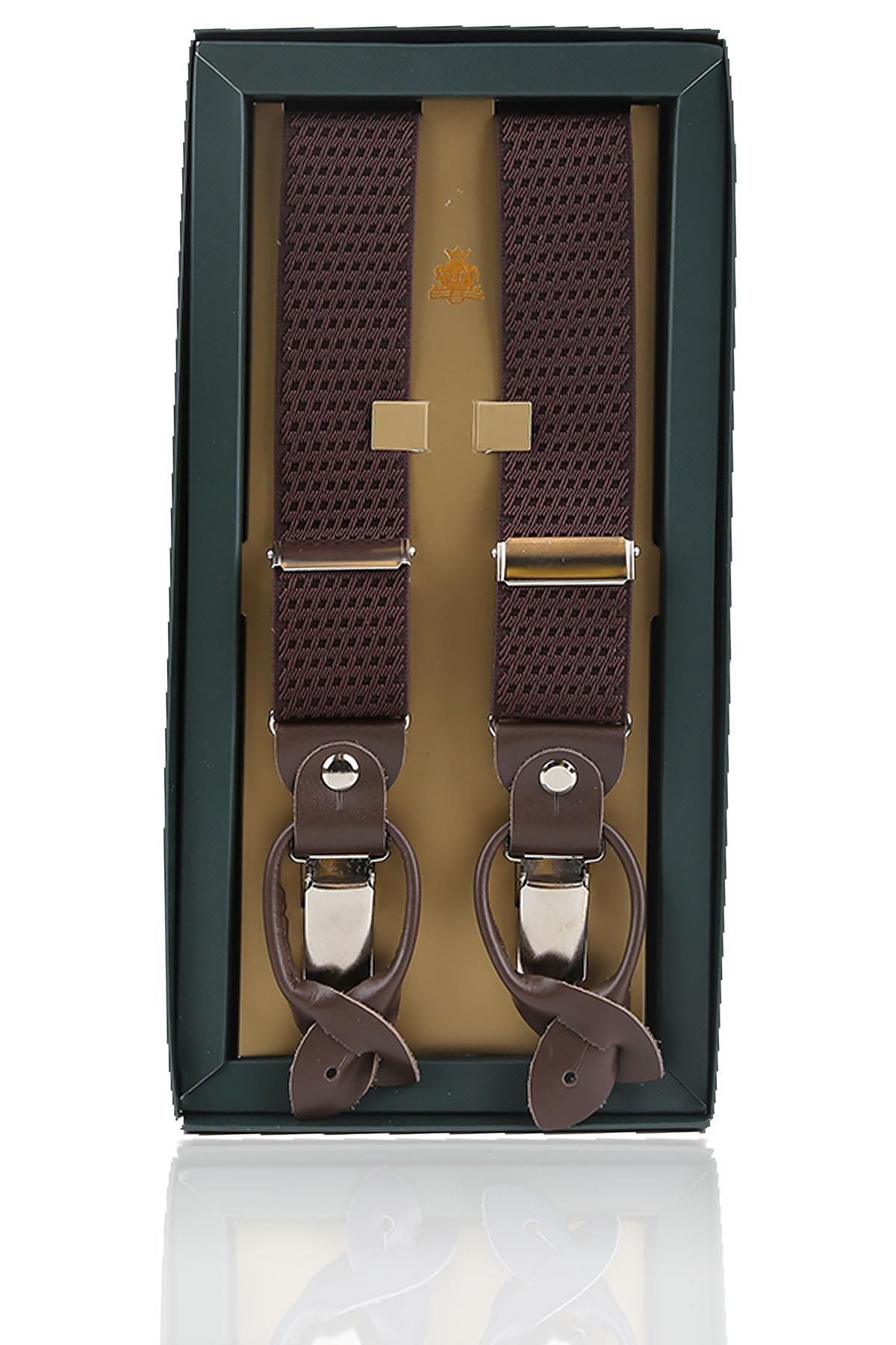 Kravatkolik Kahverengi Deri Bağlantılı Düğme Delikli Jakarlı Pantolon Askısı PAN169