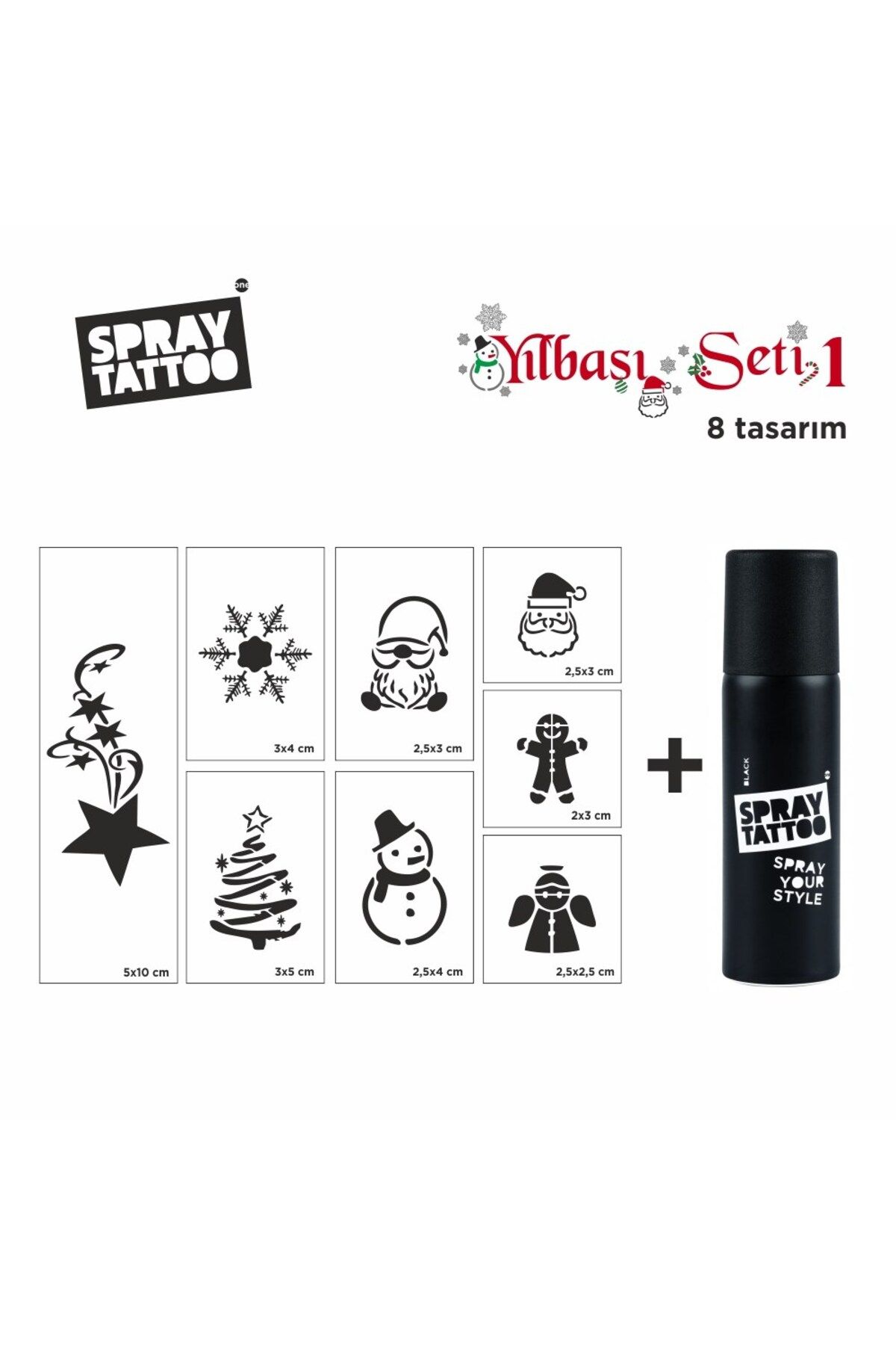 One Spray Tattoo Yeni Yıl Geçici Dövme Şablon Seti + Siyah Sprey