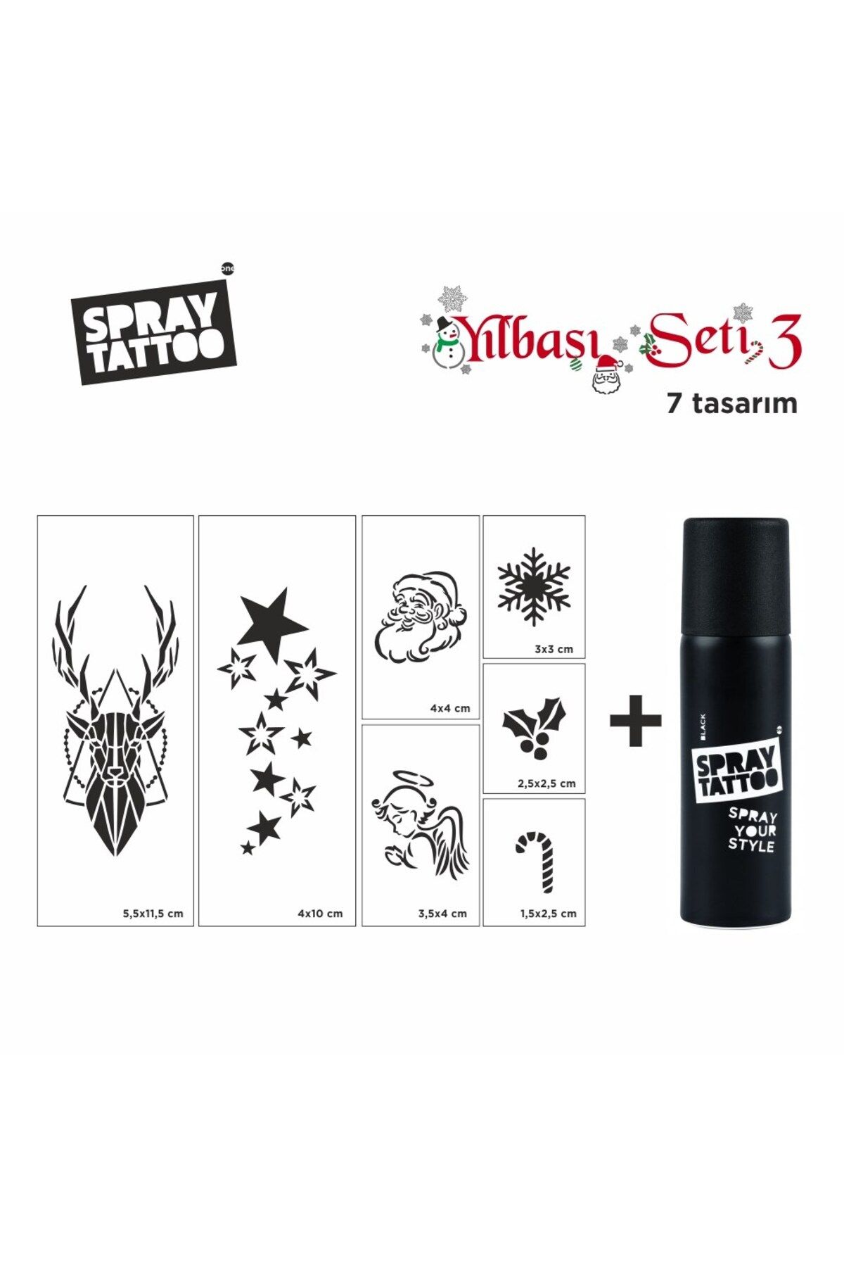 One Spray Tattoo Yeni Yıl Geçici Dövme Şablon Set 3 + Siyah Sprey