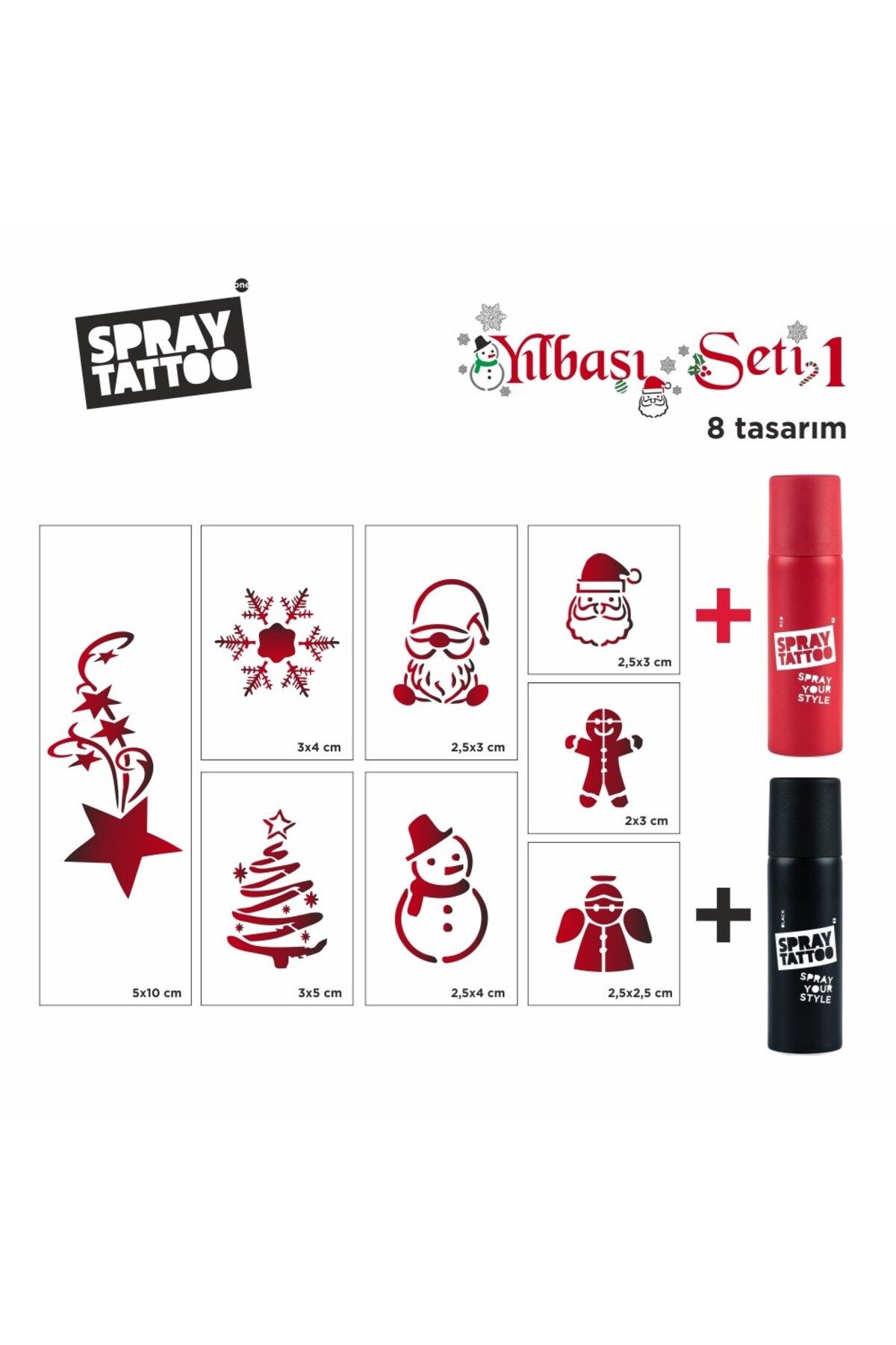 One Spray Tattoo Yeni Yıl Geçici Dövme Şablon Seti + Kırmızı ve Siyah Sprey