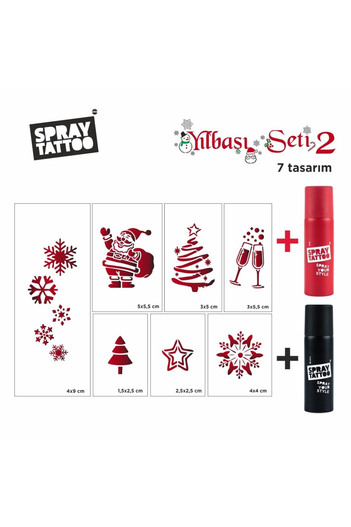 One Spray Tattoo Yeni Yıl Geçici Dövme Şablon Set 2  Kırmızı ve Siyah Sprey