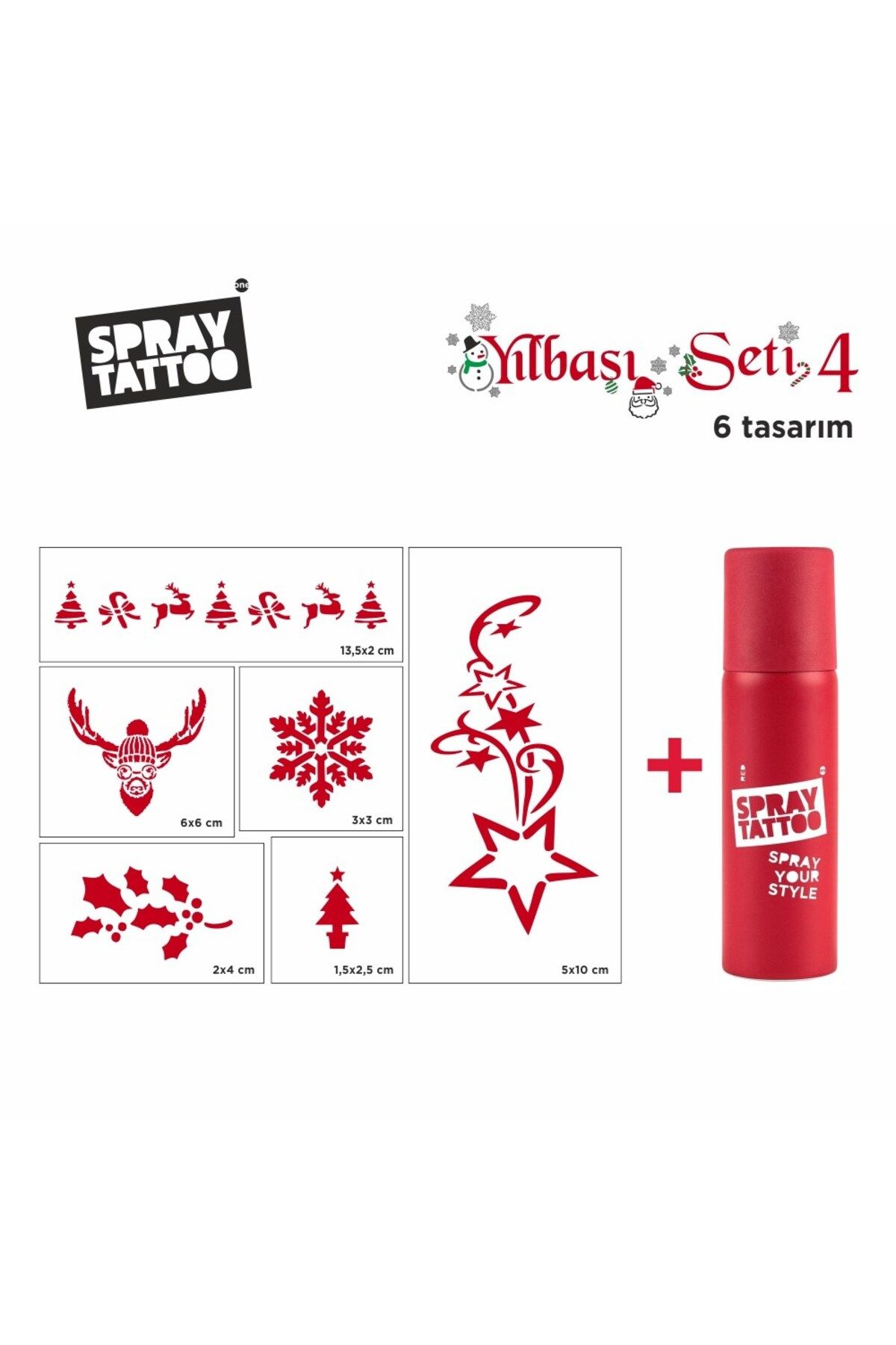 One Spray Tattoo Yeni Yıl Geçici Dövme Şablon Set 4 + Kırmızı Sprey
