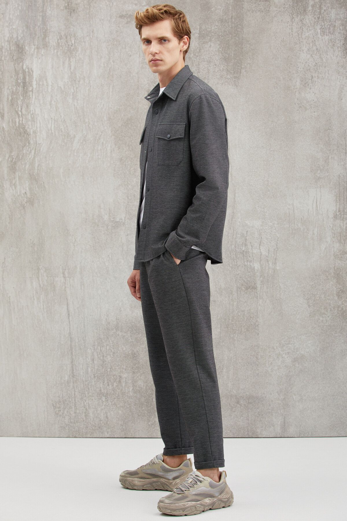 GRIMELANGE Walsh Erkek Pike Görünümlü Özel Kumaşlı Esnek Duble Paça Kordonlu Beli Lastikli Antrasit Pantolon