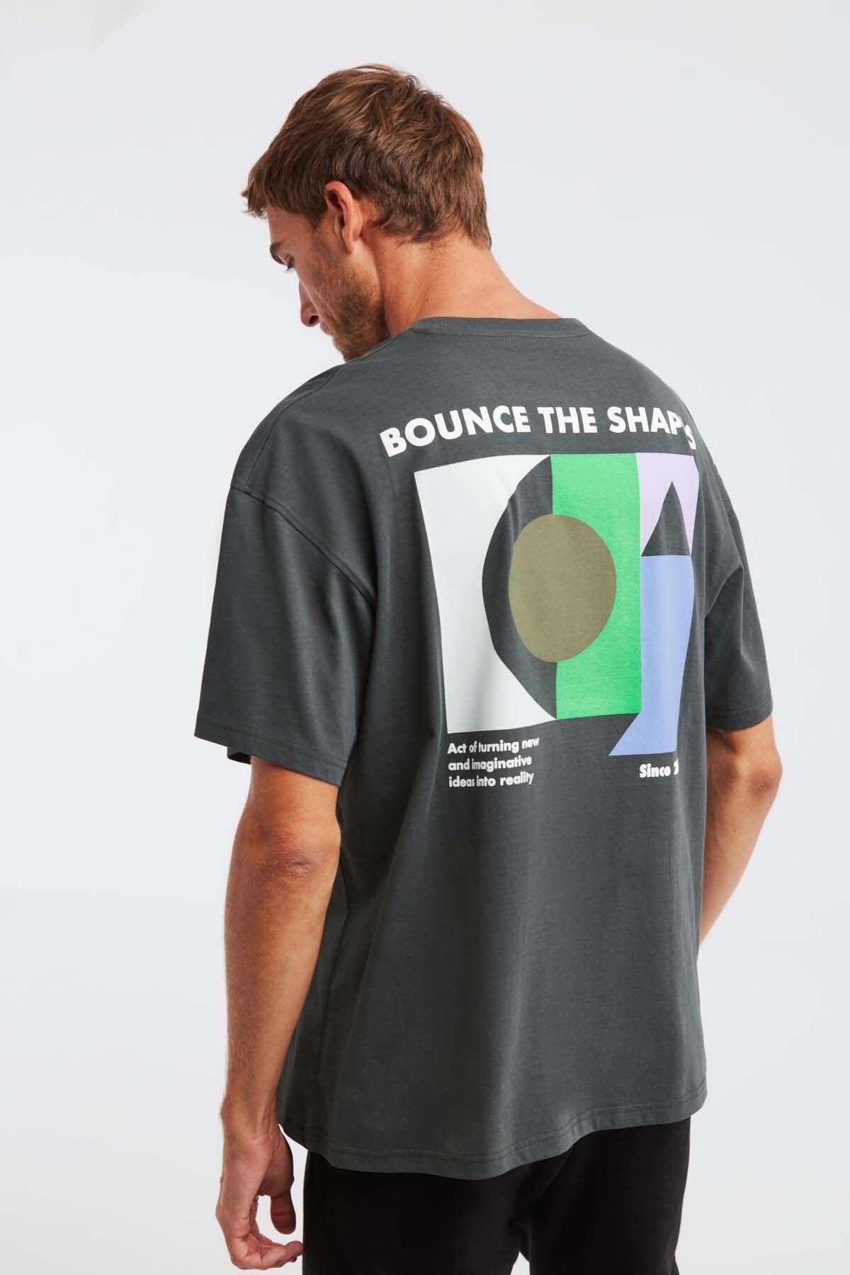 GRIMELANGE Mılennıal Erkek Oversize Fit %100 Pamuk Kalın Dokulu Baskılı Gri T-shirt