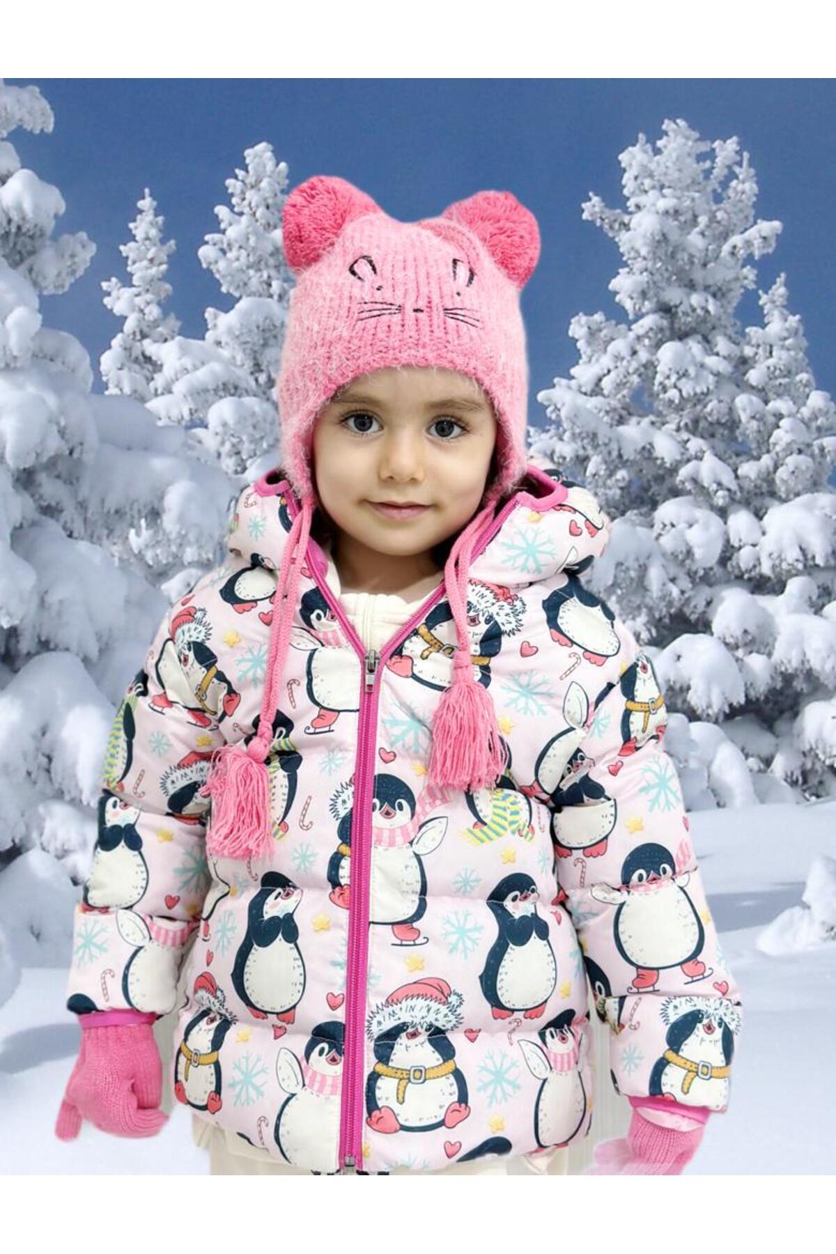 Genel Markalar Kız Çocuk Iç Polarlı Penguen Desen Kışlık Mont & Kaban RB-103
