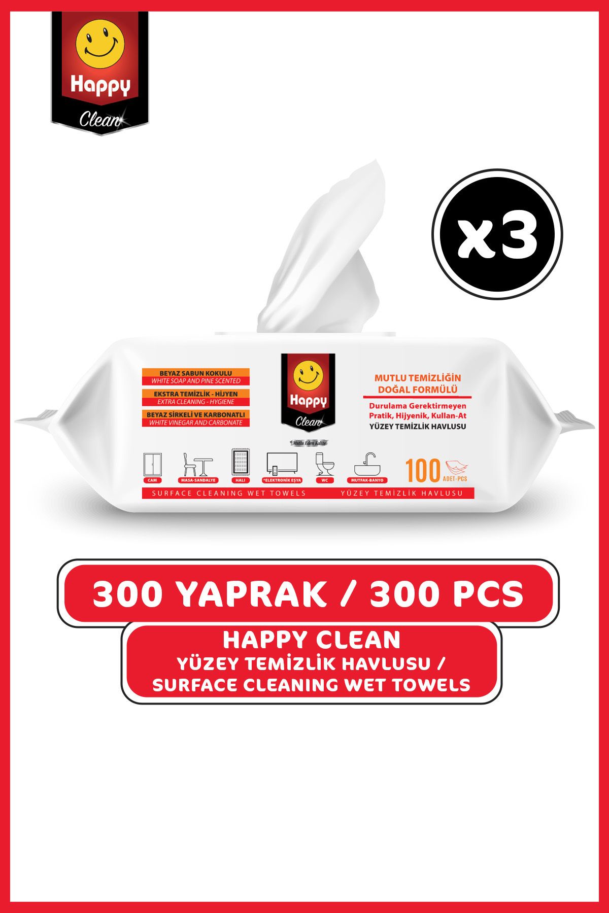 Happy Clean Yüzey Temizleme Havlusu 100 Lü X 3 Adet