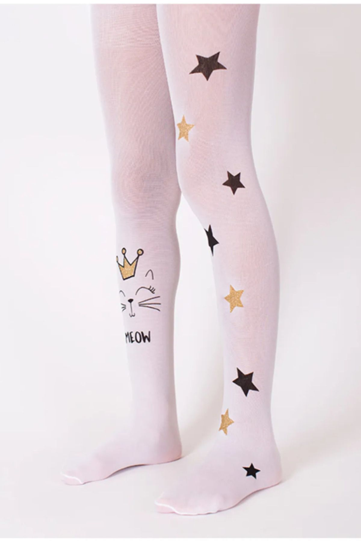 Goose Beyaz Meow Kedi Ve Yıldız Desen Kız Çocuk Külotlu Çorap