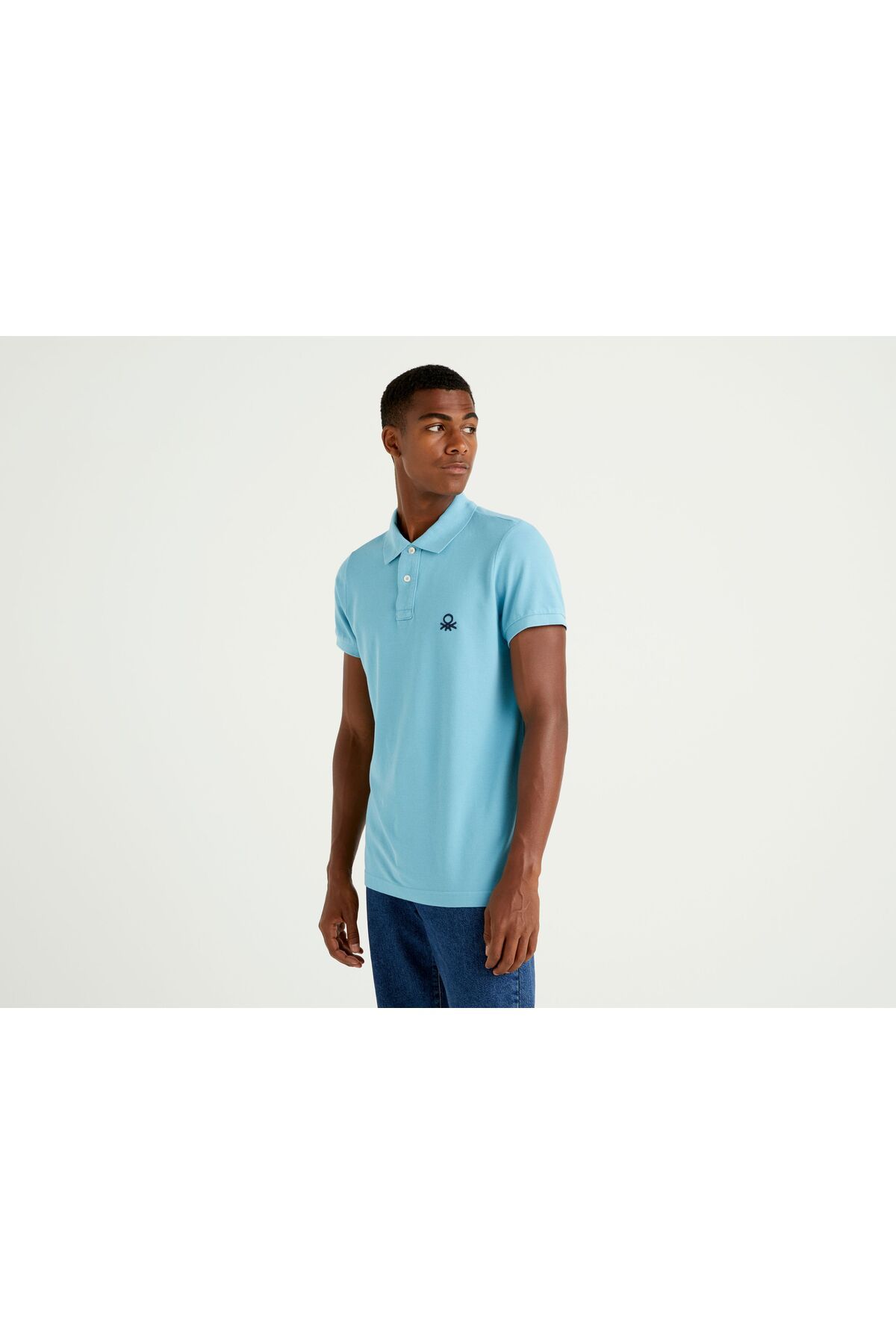 United Colors of Benetton Erkek Açık Mavi Slim Fit Kısa Kollu Polo Tshirt
