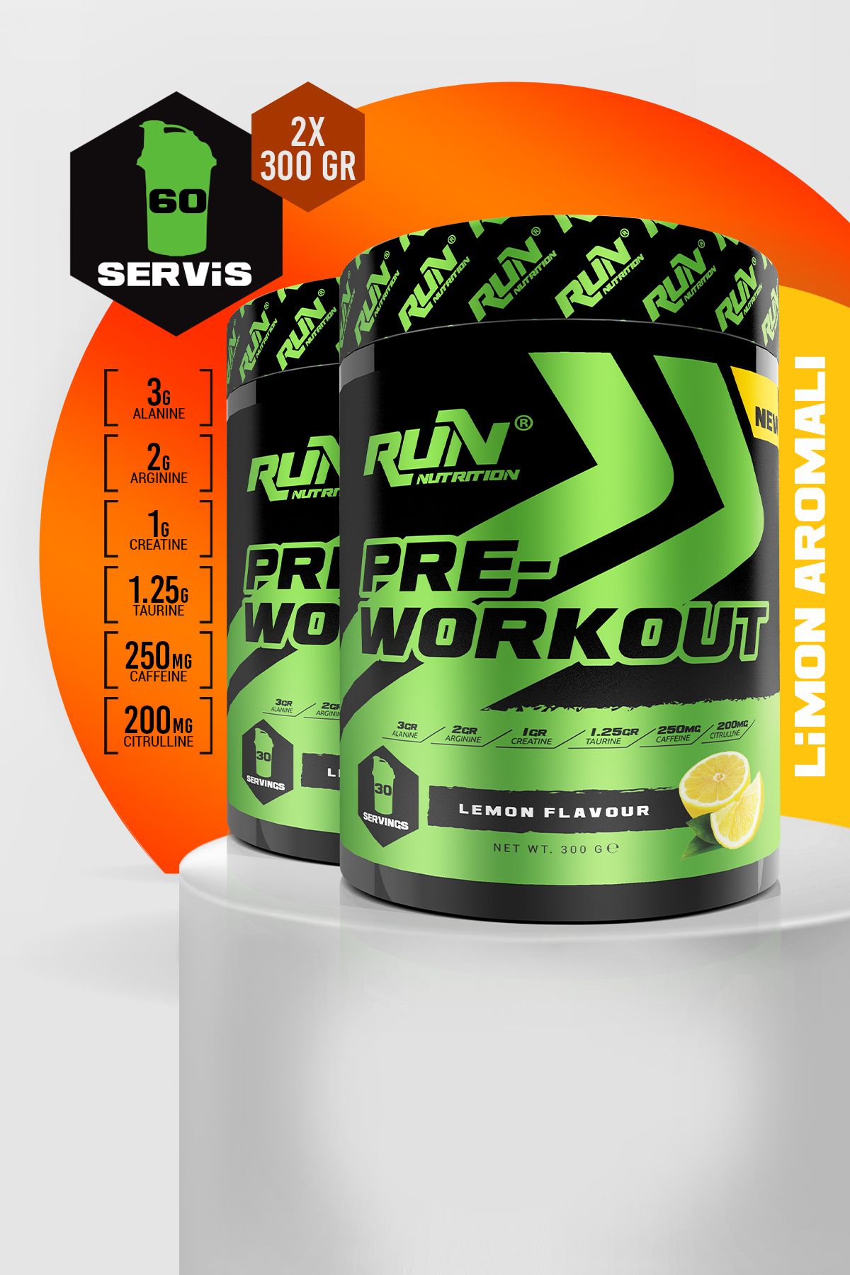 Run Nutrition Pre-Workout x 2 ADET - Limon Aromalı - 600g - 60 Servis