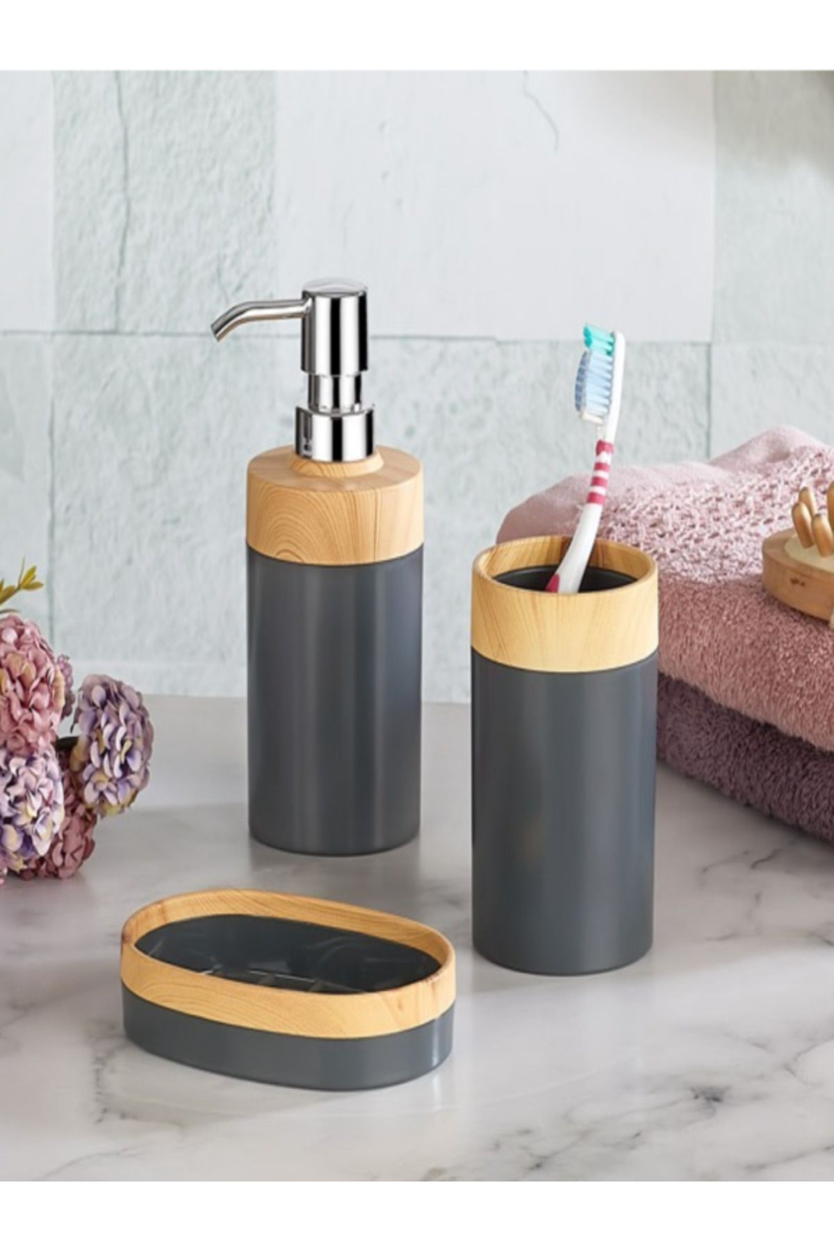 Bayev Gri Bambu Desenli 3'lu Set Banyo Set Sıvı Sabunluk Katı Sabunluk Diş Fırçalık