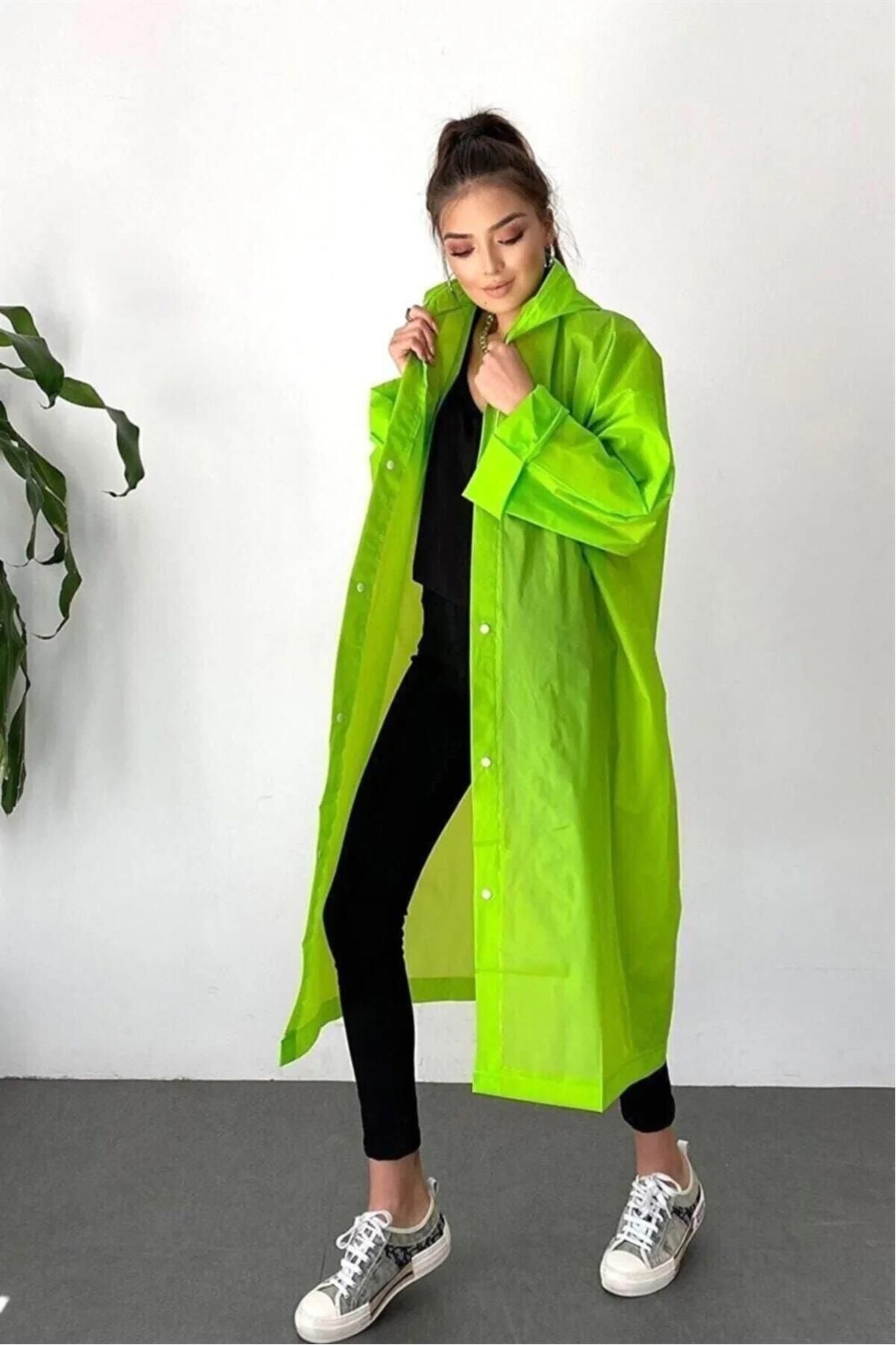 Touz Unisex Yeşil Yağmurluk Şeffaf Su Geçirmez Kıyafet Üstü Eva Kumaş Marlux Yağmurluk