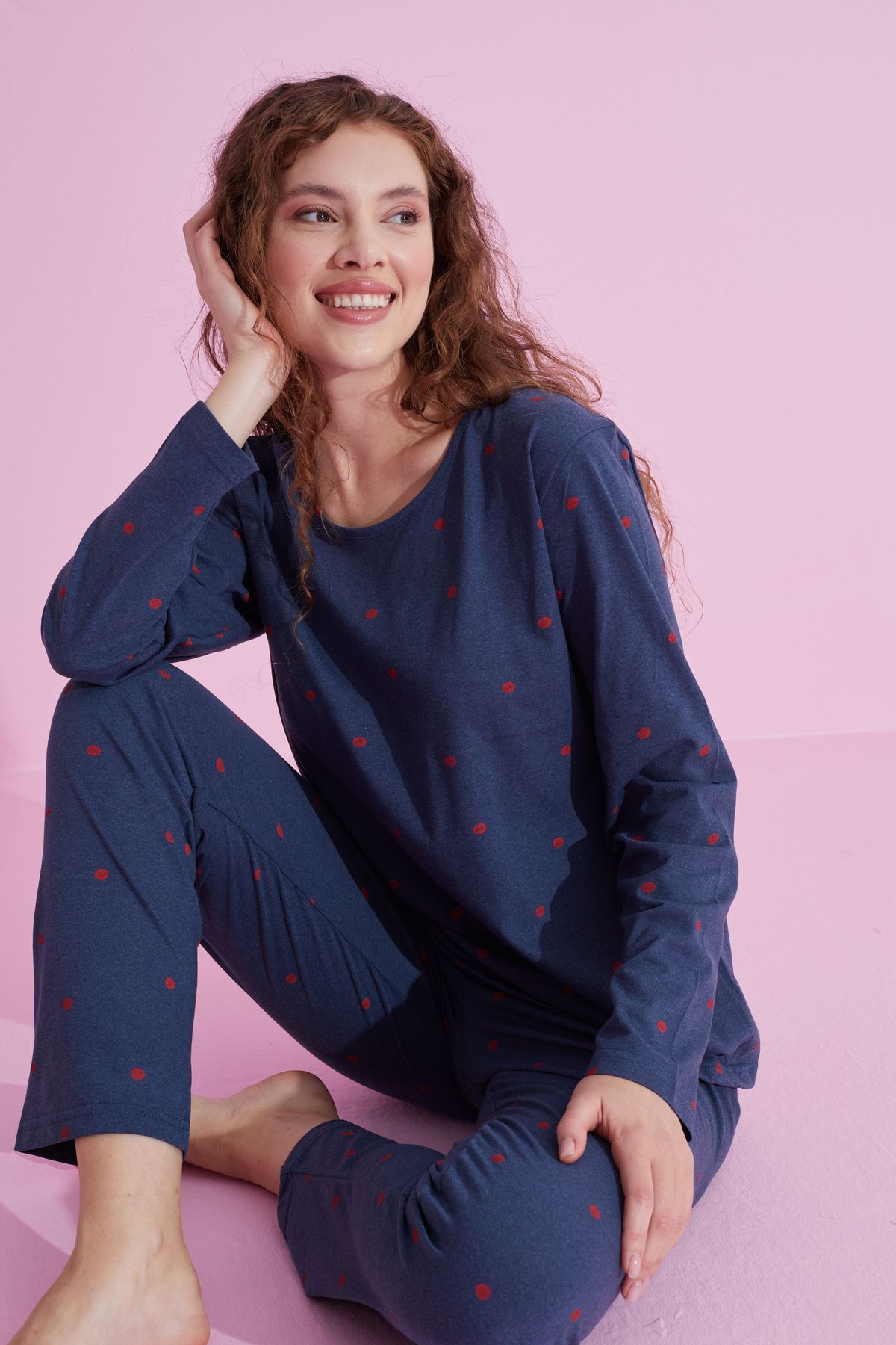 Siyah İnci indigo puan desenli Pamuklu Pijama Takımı