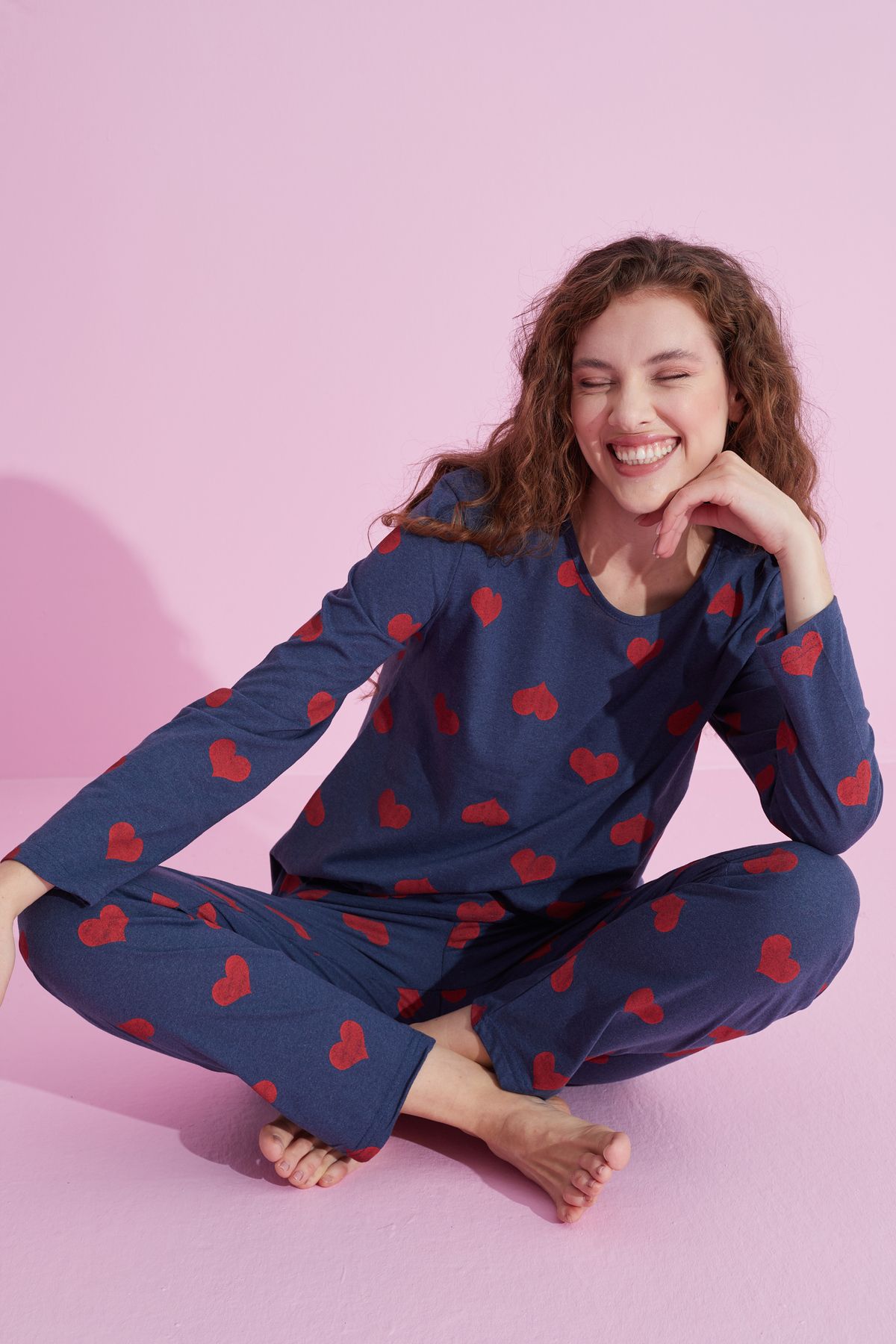 Siyah İnci indigo kalp desenli Pamuklu Pijama Takımı