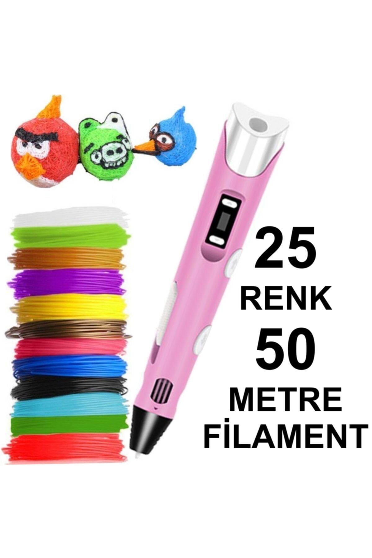 3D Pembe Kalem Yazıcı+25 Renk 50 Metre (25x2metre) Pla Filament